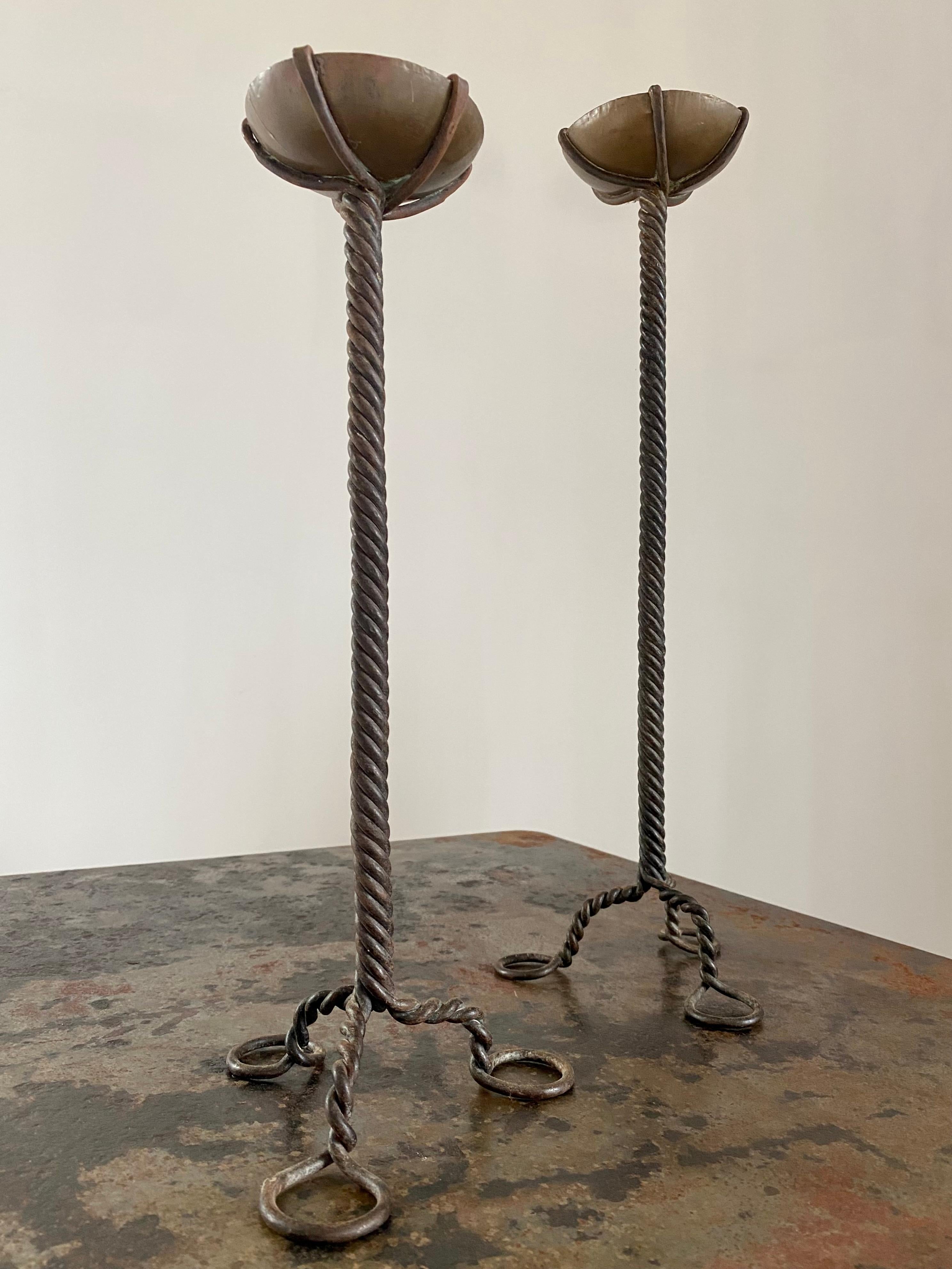 Hand-Crafted Brutalist Twisted Brass Candle Holders, A Pair For Sale