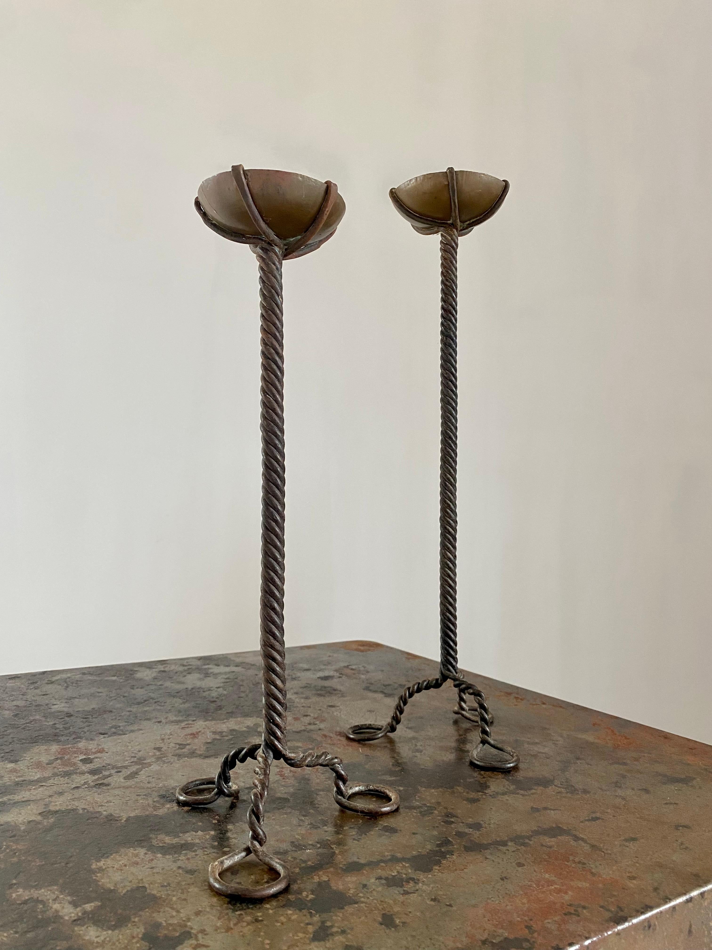20th Century Brutalist Twisted Brass Candle Holders, A Pair For Sale
