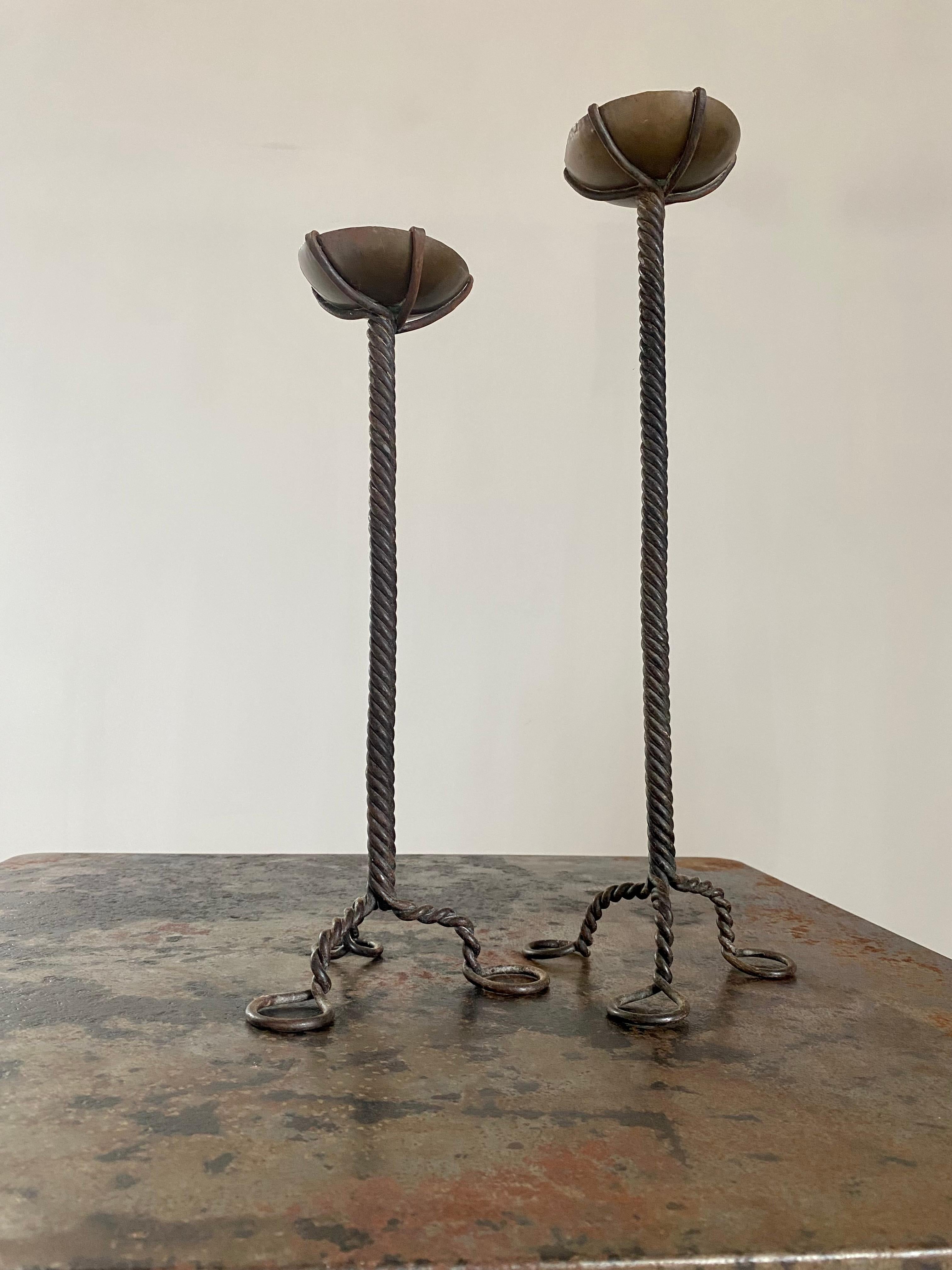 Brutalist Twisted Brass Candle Holders, A Pair For Sale 2