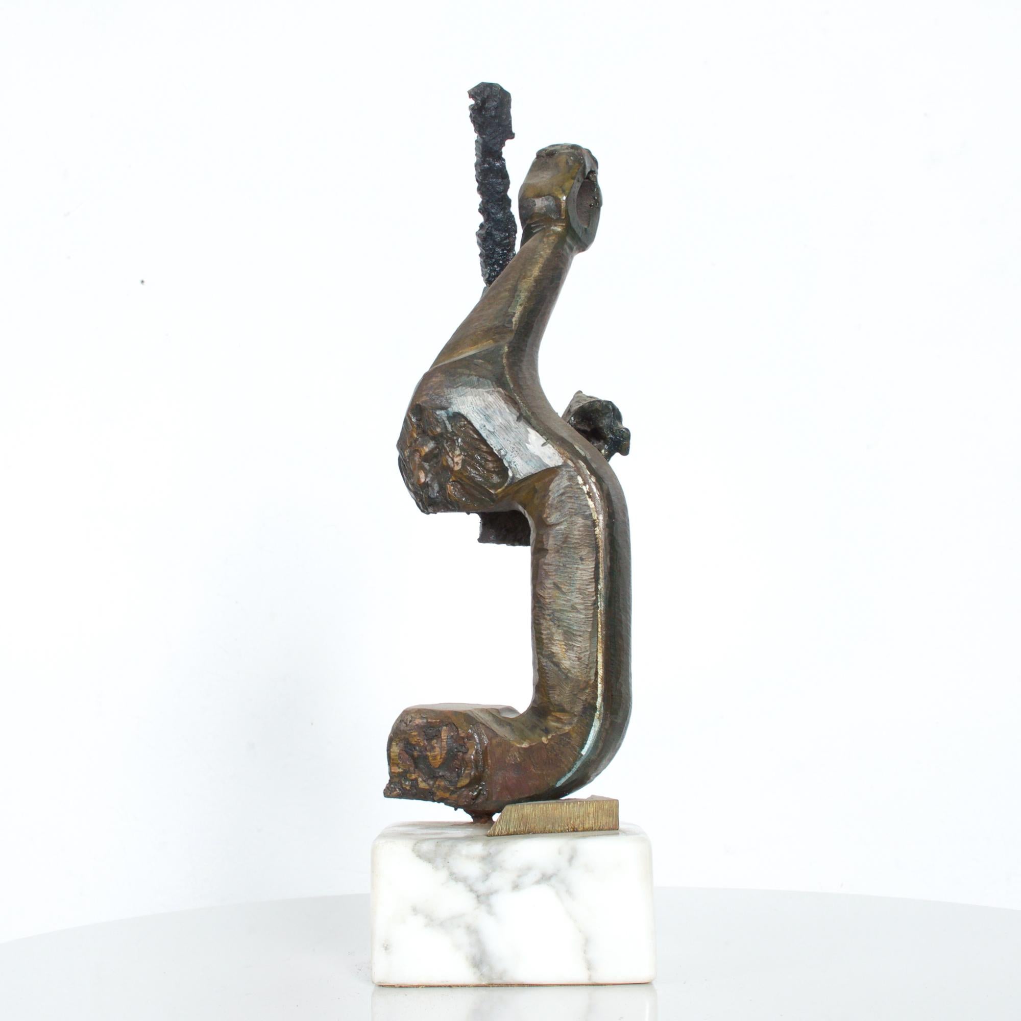 Late 20th Century Brutalist Twisted Metal Iron Sculpture on Marble Mount after Mathias Goeritz