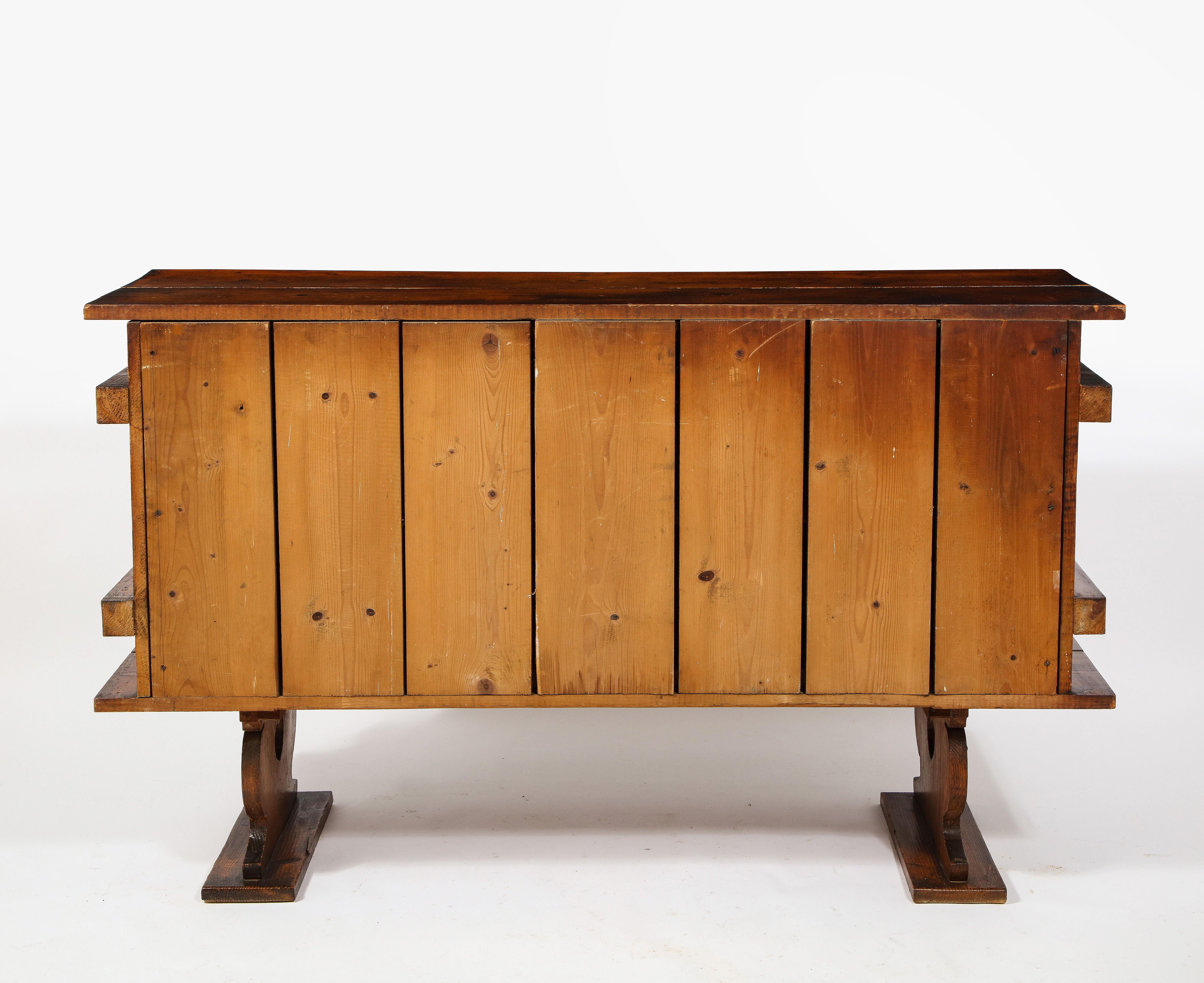 Brutalist Neo-Gothic Rustic Two-Door Pine Sideboard Credenza, France 1920's For Sale 5