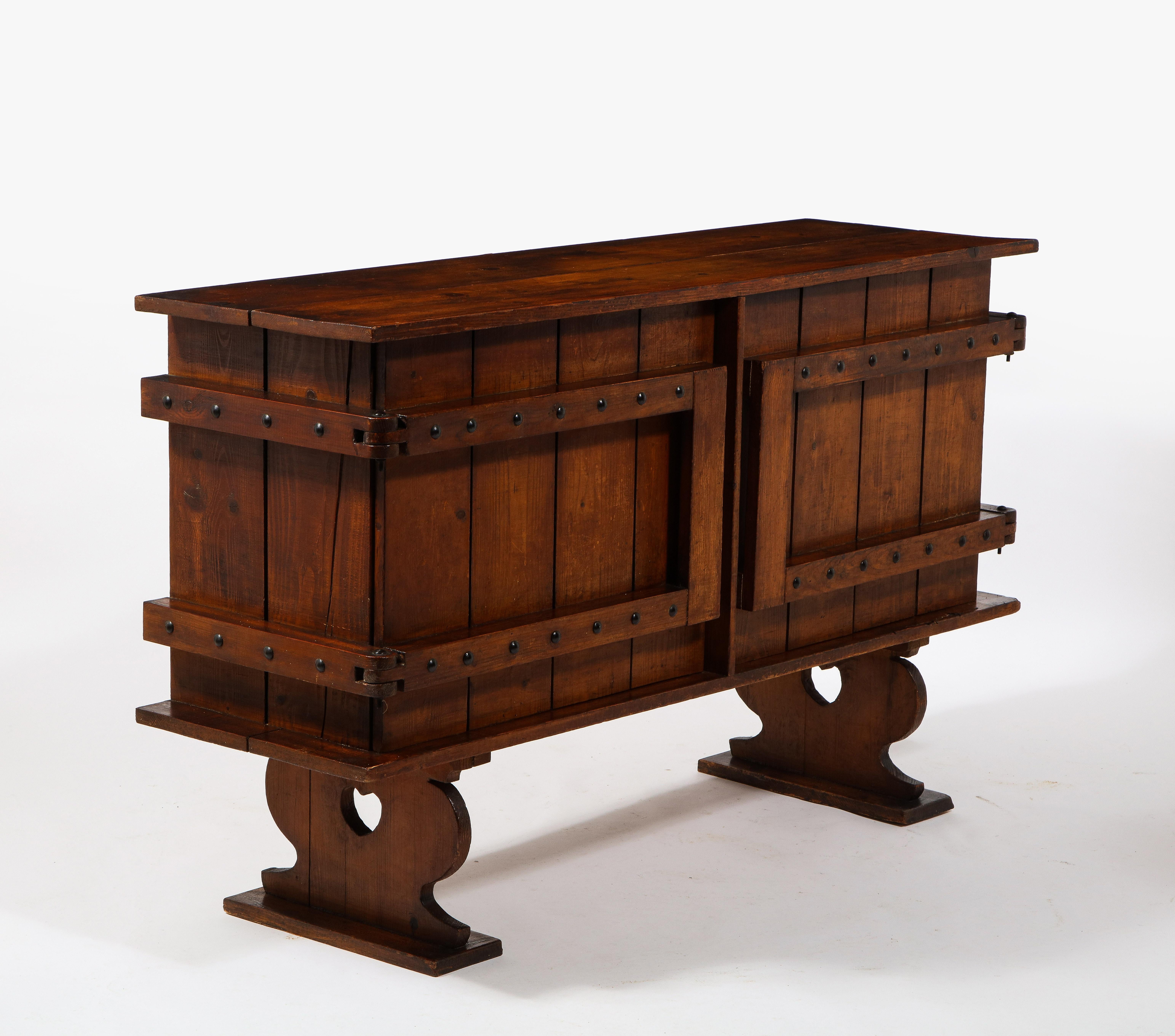 Brutalist Neo-Gothic Rustic Two-Door Pine Sideboard Credenza, France 1920's For Sale 7