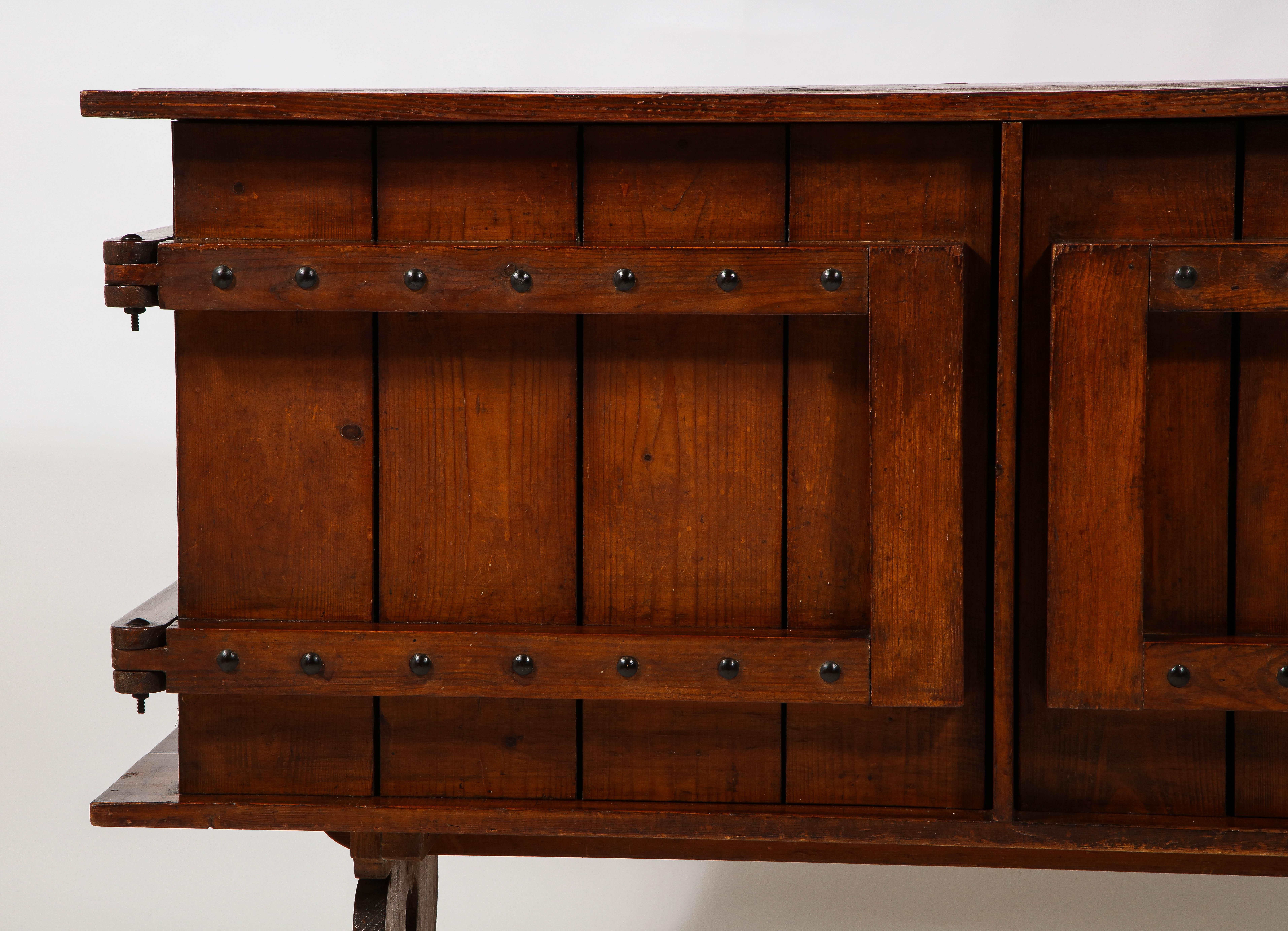 Brutalist Neo-Gothic Rustic Two-Door Pine Sideboard Credenza, France 1920's For Sale 10