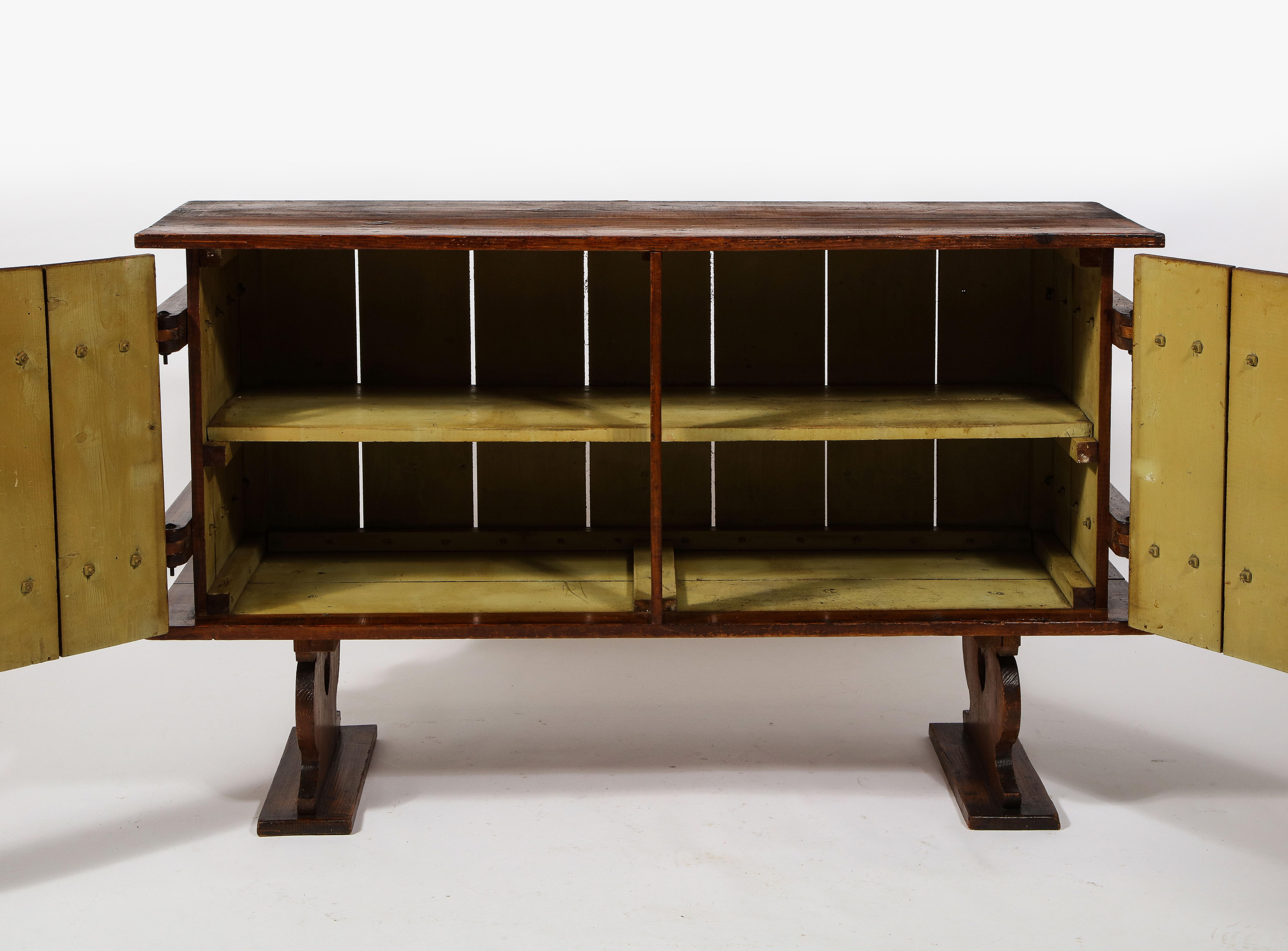 Brutalist Neo-Gothic Rustic Two-Door Pine Sideboard Credenza, France 1920's For Sale 11