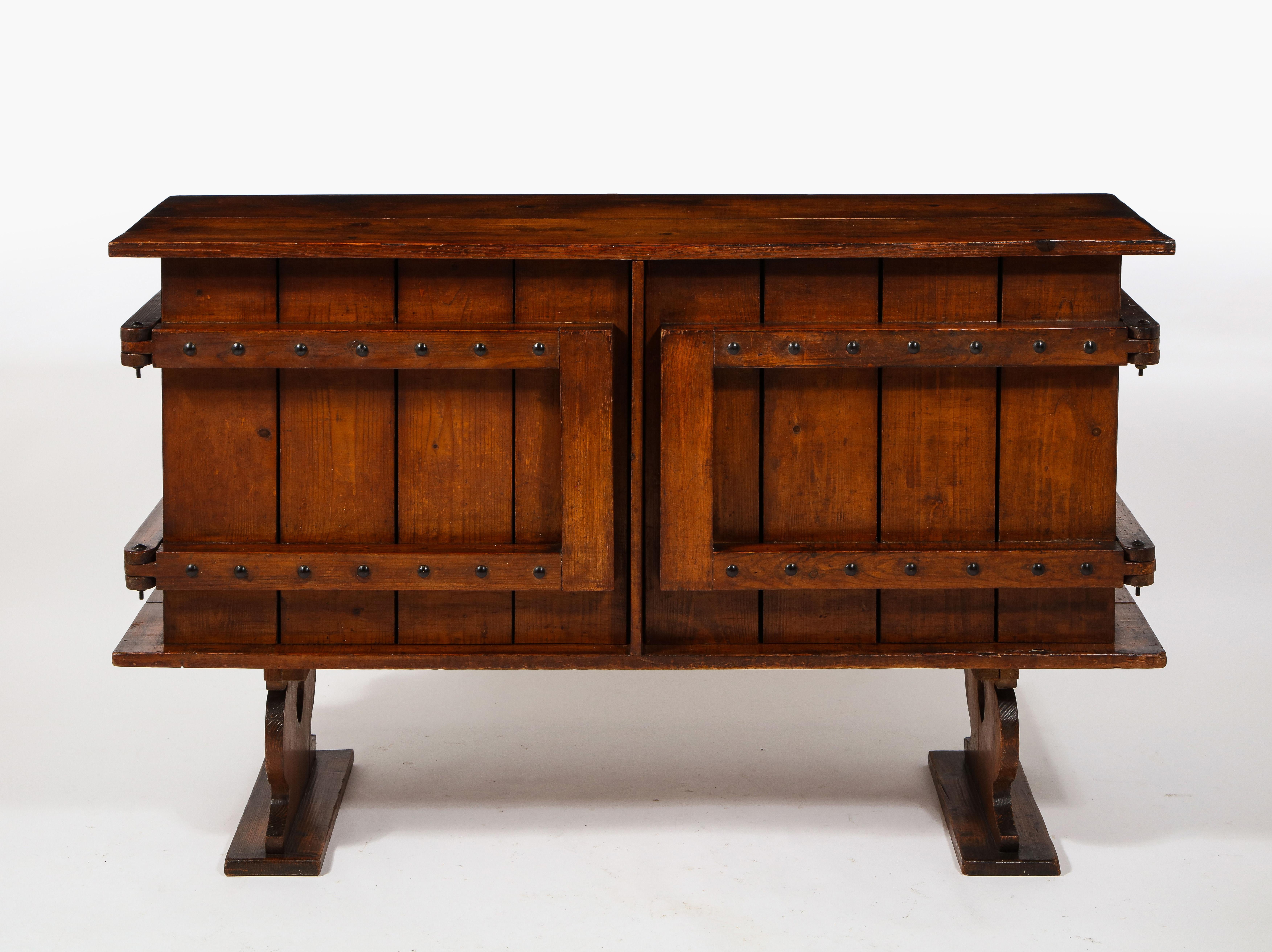 French Brutalist Neo-Gothic Rustic Two-Door Pine Sideboard Credenza, France 1920's For Sale