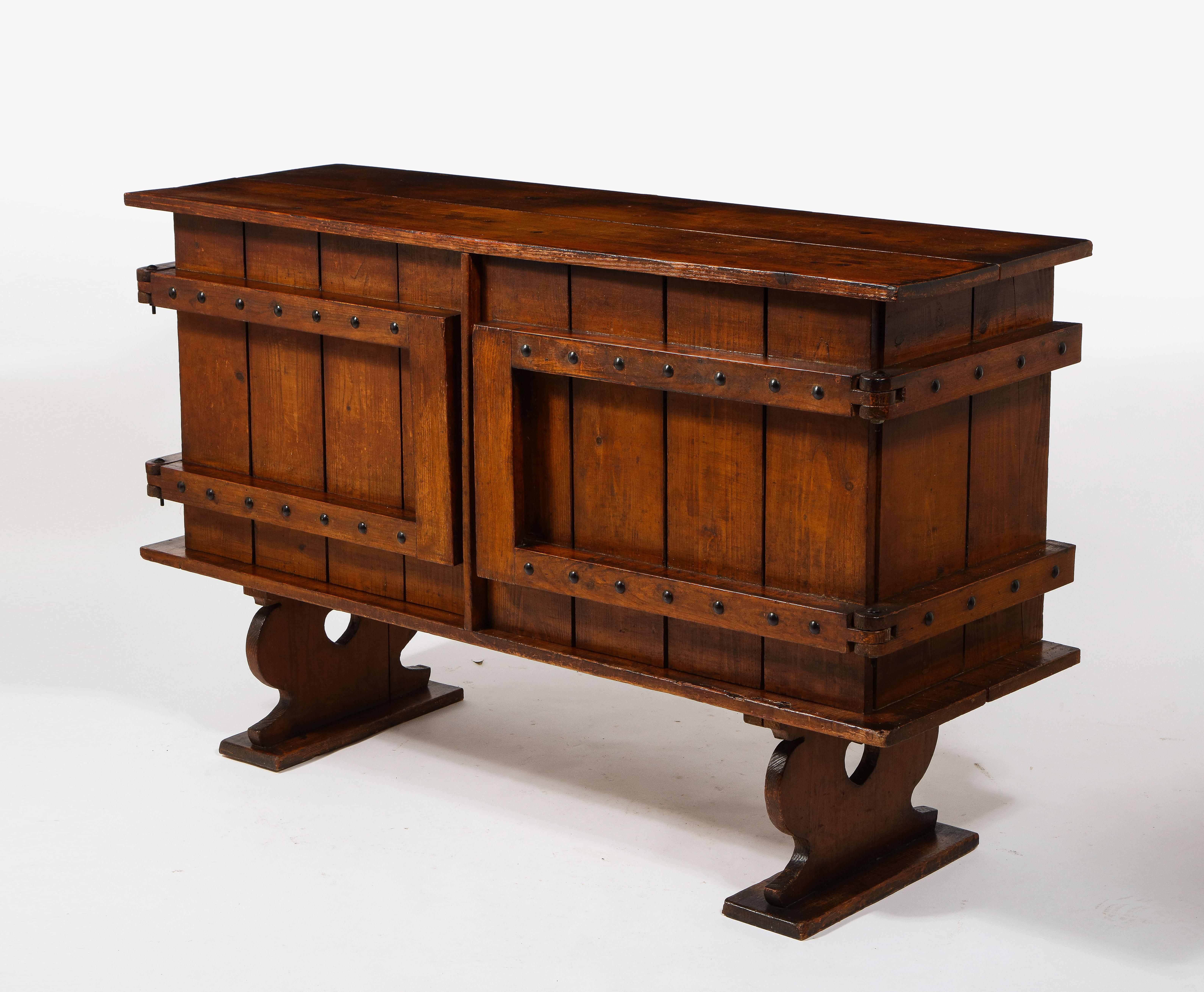Brutalist Neo-Gothic Rustic Two-Door Pine Sideboard Credenza, France 1920's In Fair Condition For Sale In New York, NY