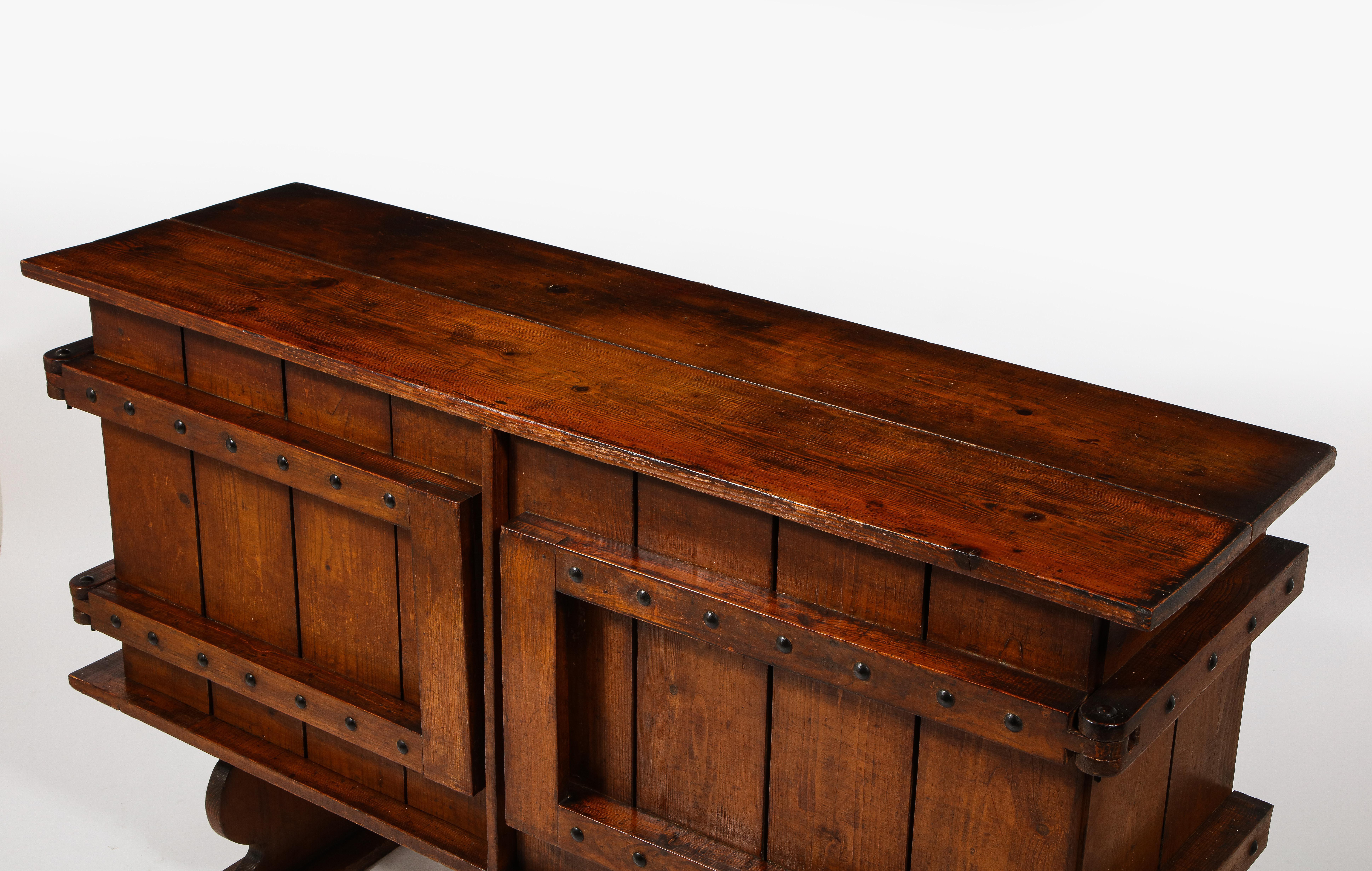 Brutalist Neo-Gothic Rustic Two-Door Pine Sideboard Credenza, France 1920's For Sale 1