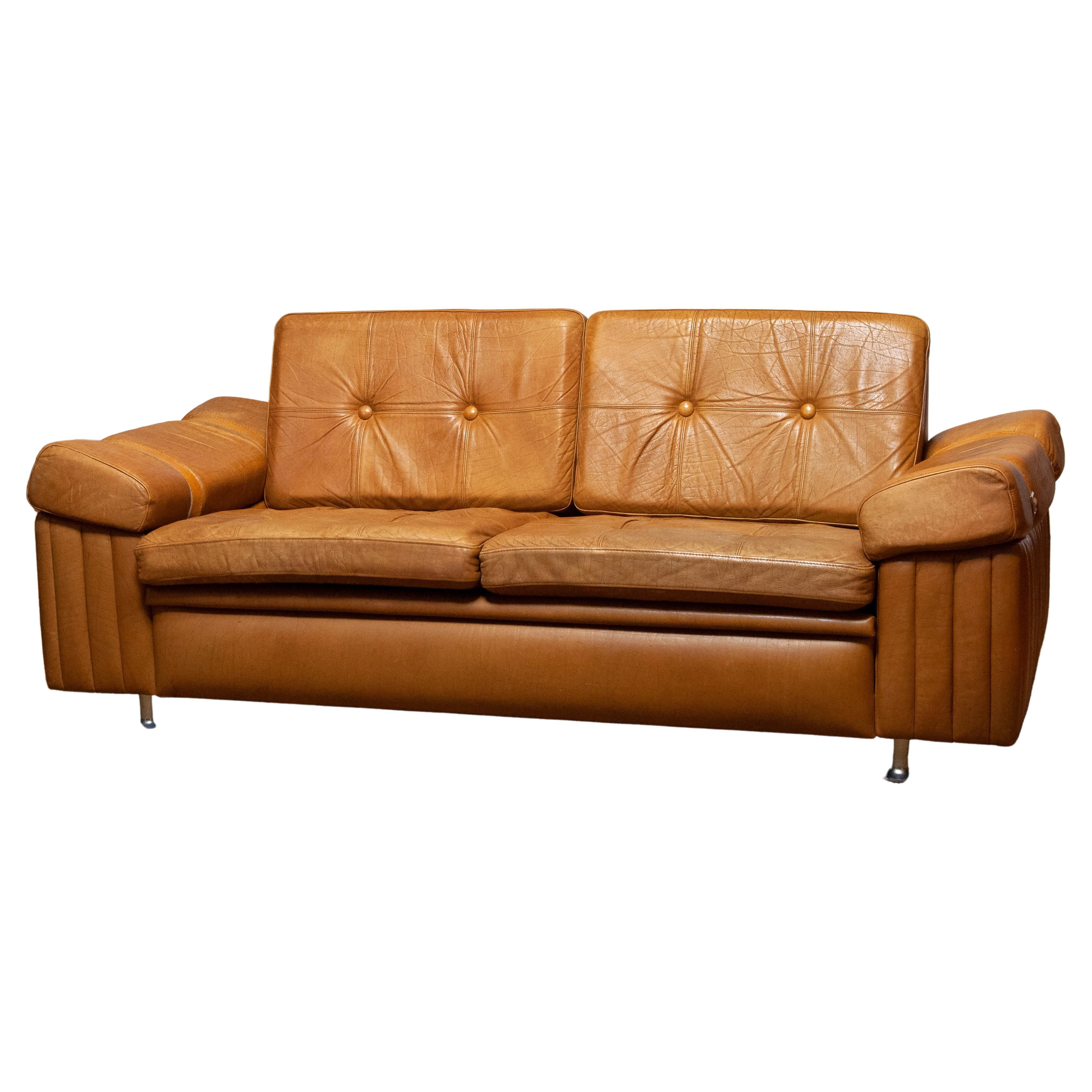 Brutalist Two-Seater Low-Back Sofa in Camel Colored Leather 1970s
