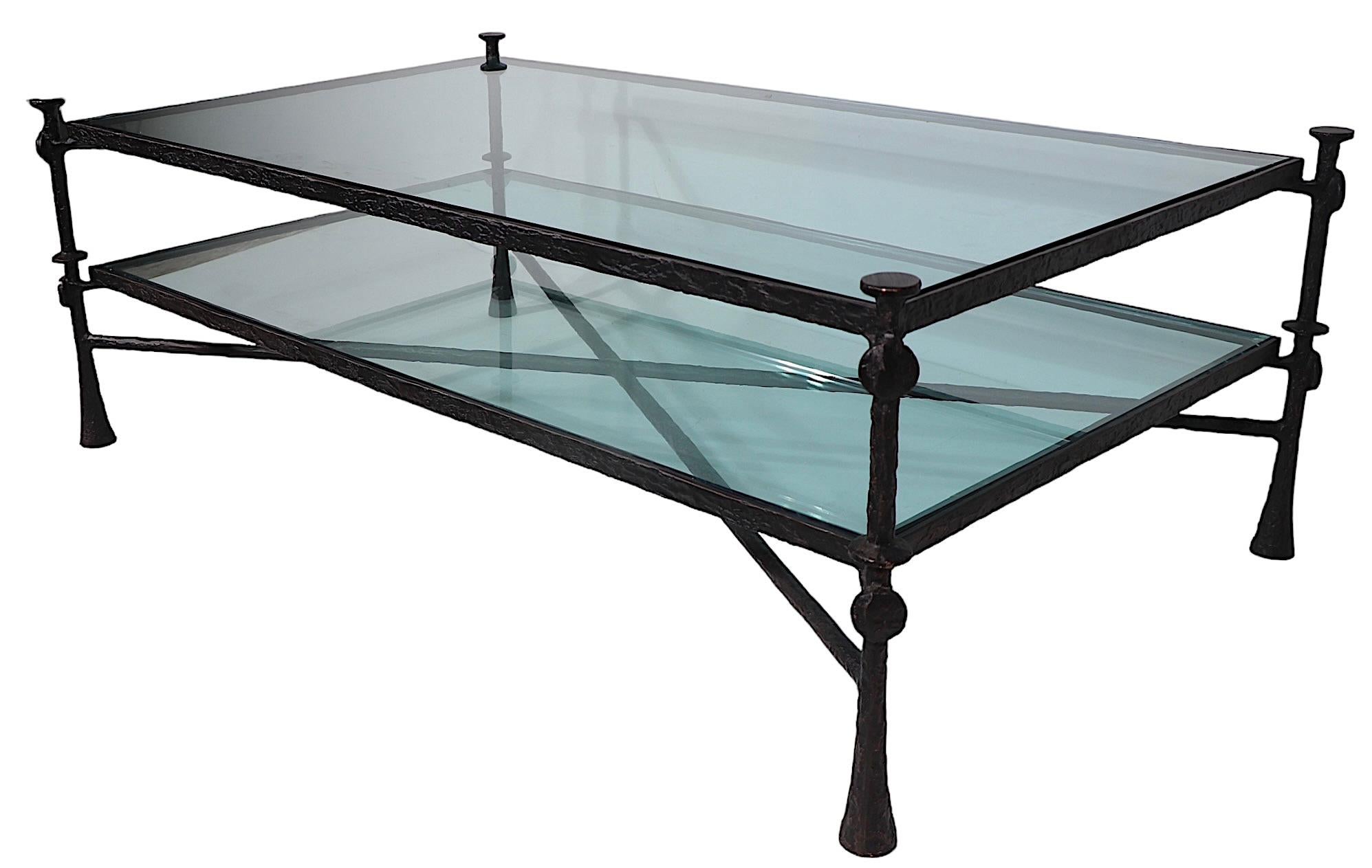 Brutalist Two Tier Glass and Iron Coffee Table after Giacometti c. 1970/1980's 5