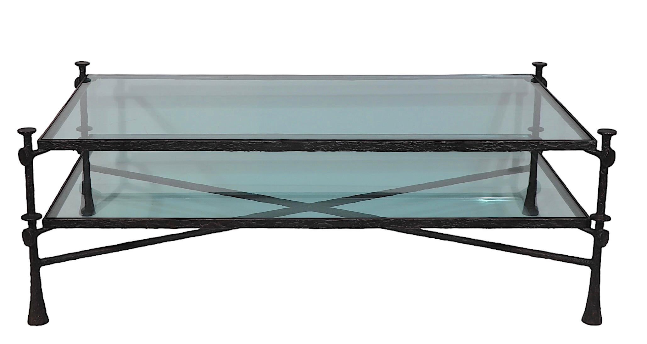 Brutalist Two Tier Glass and Iron Coffee Table after Giacometti c. 1970/1980's In Good Condition In New York, NY
