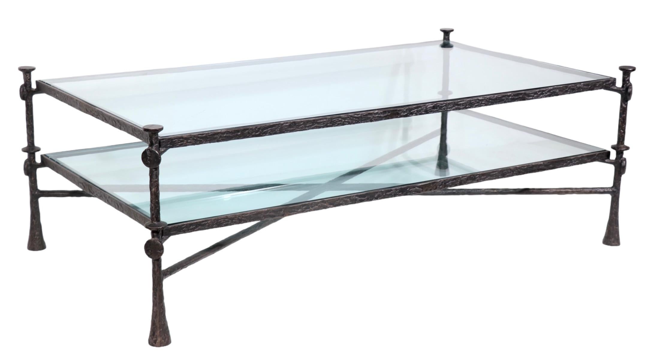 20th Century Brutalist Two Tier Glass and Iron Coffee Table after Giacometti c. 1970/1980's