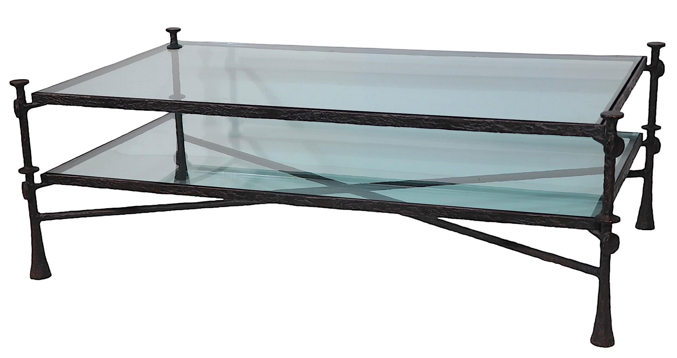 Brutalist Two Tier Glass and Iron Coffee Table after Giacometti c. 1970/1980's 4