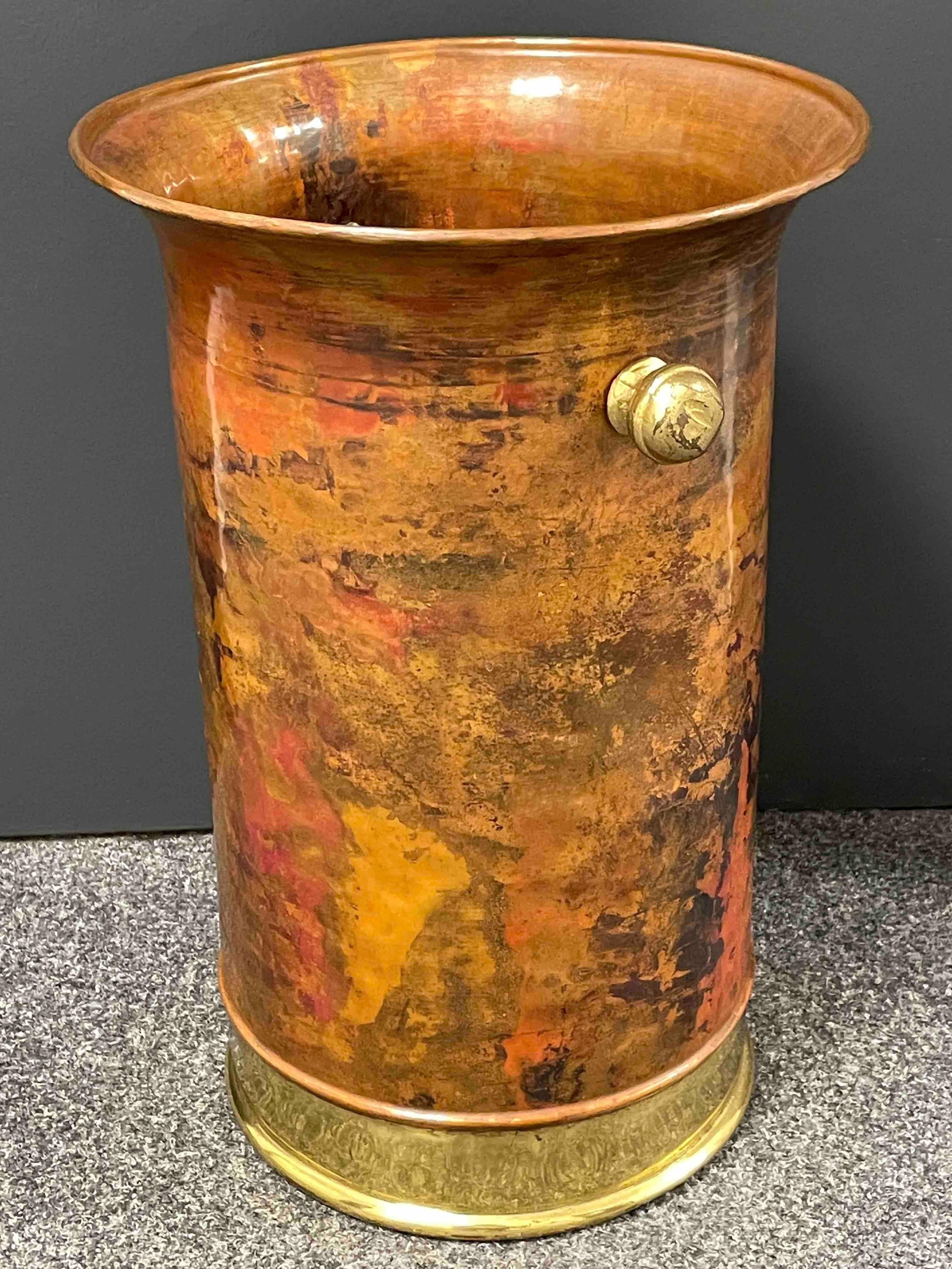 Austrian Brutalist Umbrella Stand or Barrel Catchall Italian Hammered Copper & Brass