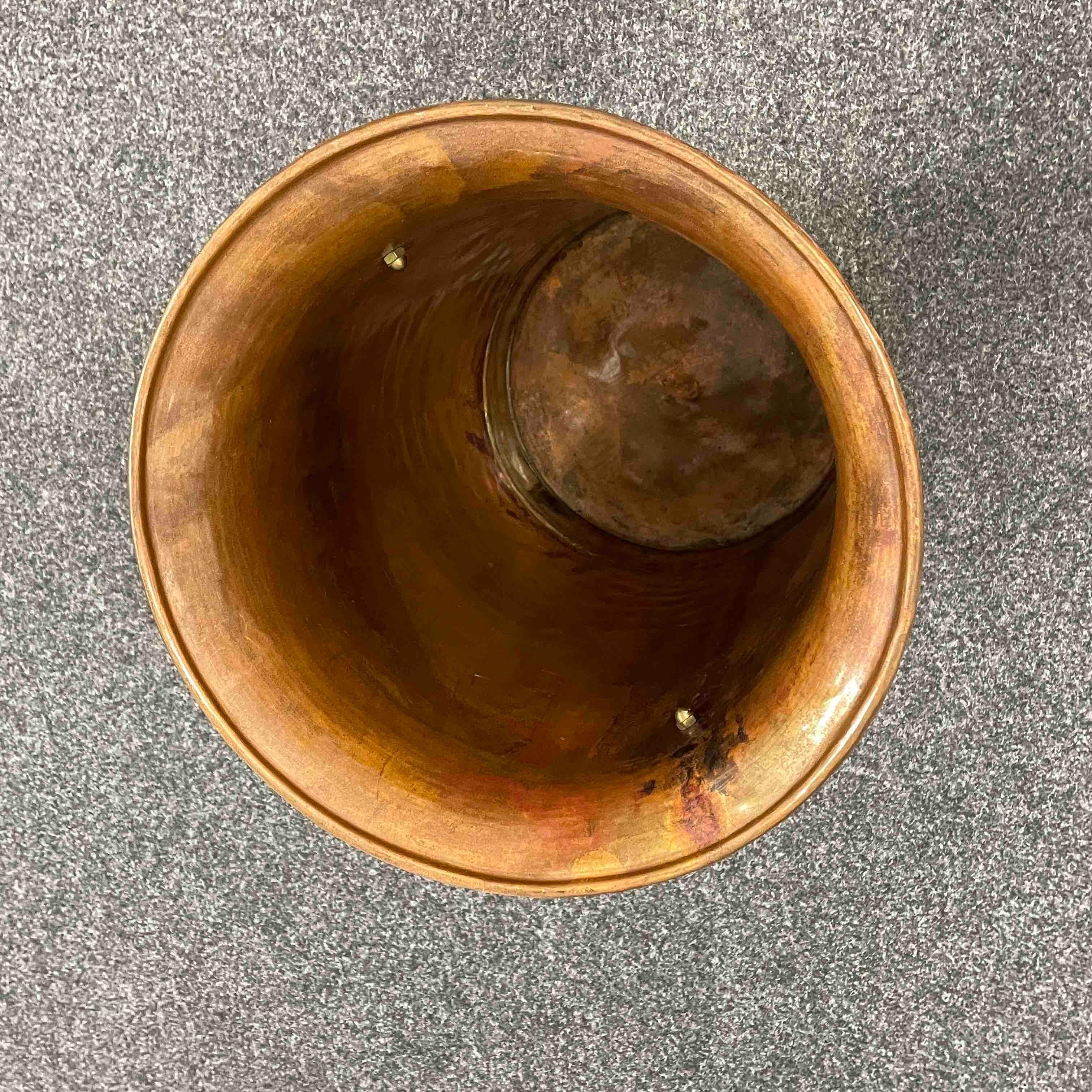 Brutalist Umbrella Stand or Barrel Catchall Italian Hammered Copper & Brass 3