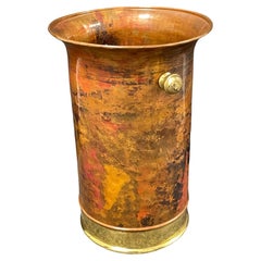 Vintage Brutalist Umbrella Stand or Barrel Catchall Italian Hammered Copper & Brass