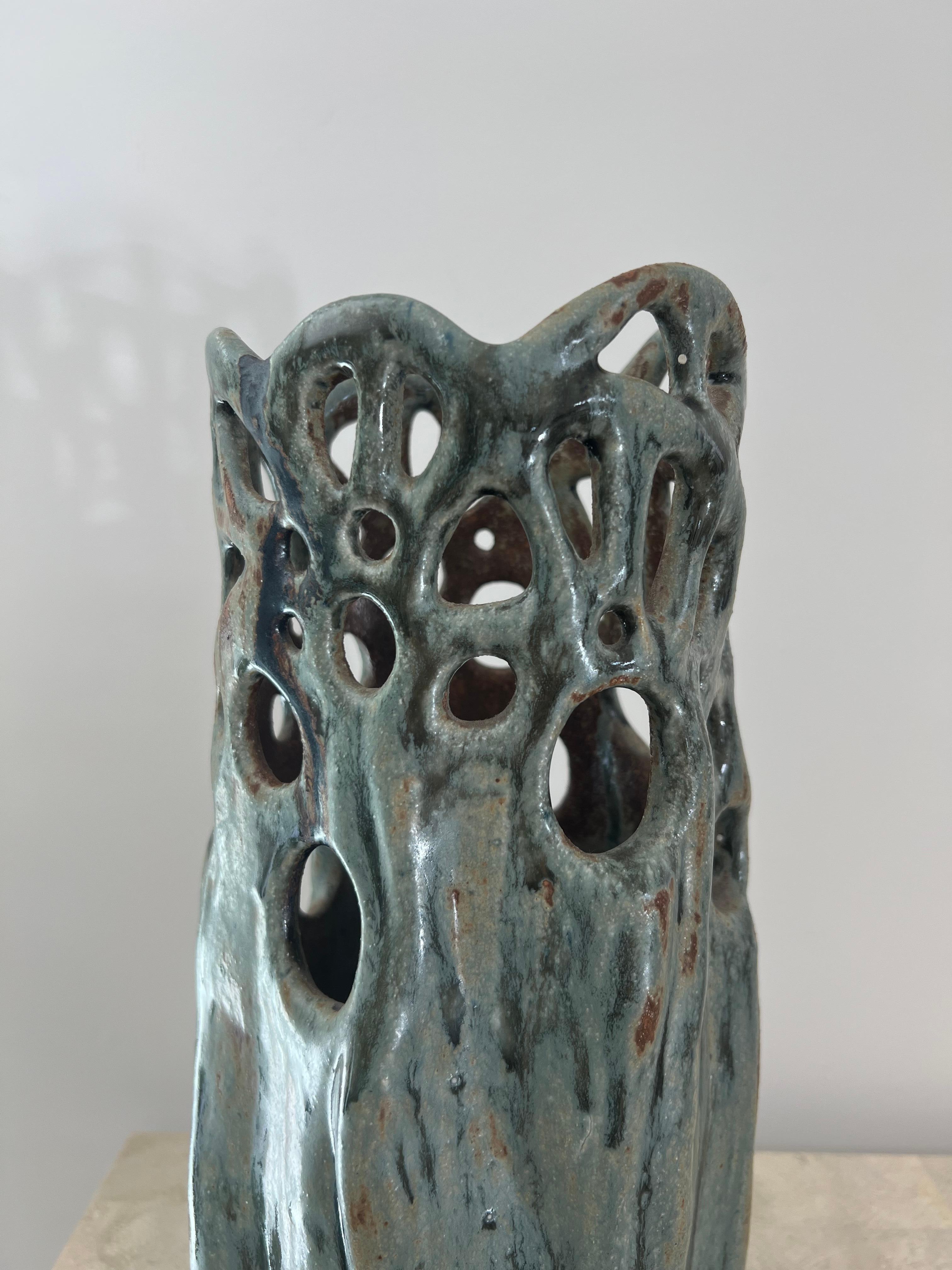 Brutalist Unique Vintage Holey Ceramic Studio Art Vase, 1997 For Sale 11