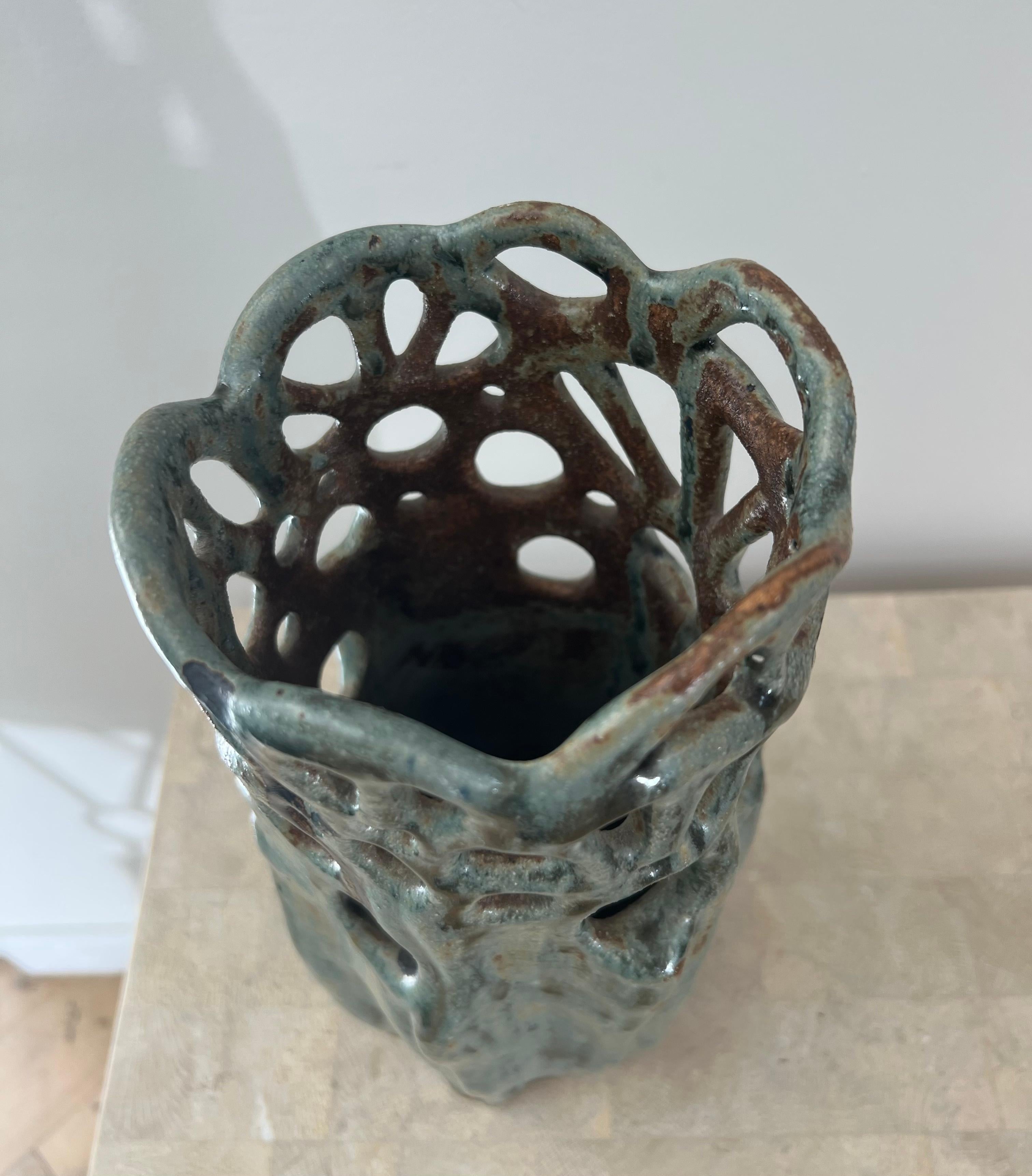 Brutalist Unique Vintage Holey Ceramic Studio Art Vase, 1997 For Sale 2