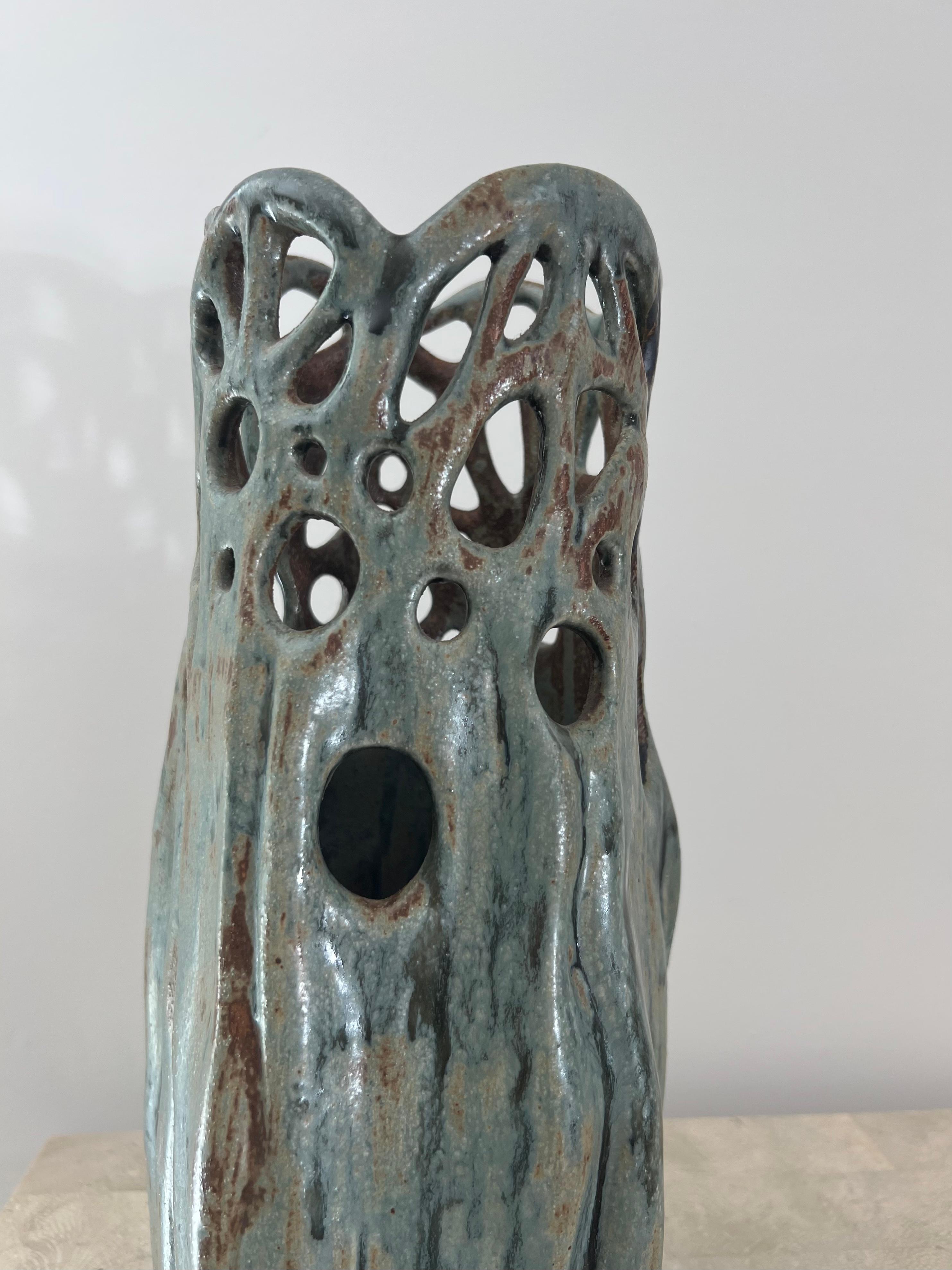 Brutalist Unique Vintage Holey Ceramic Studio Art Vase, 1997 For Sale 4