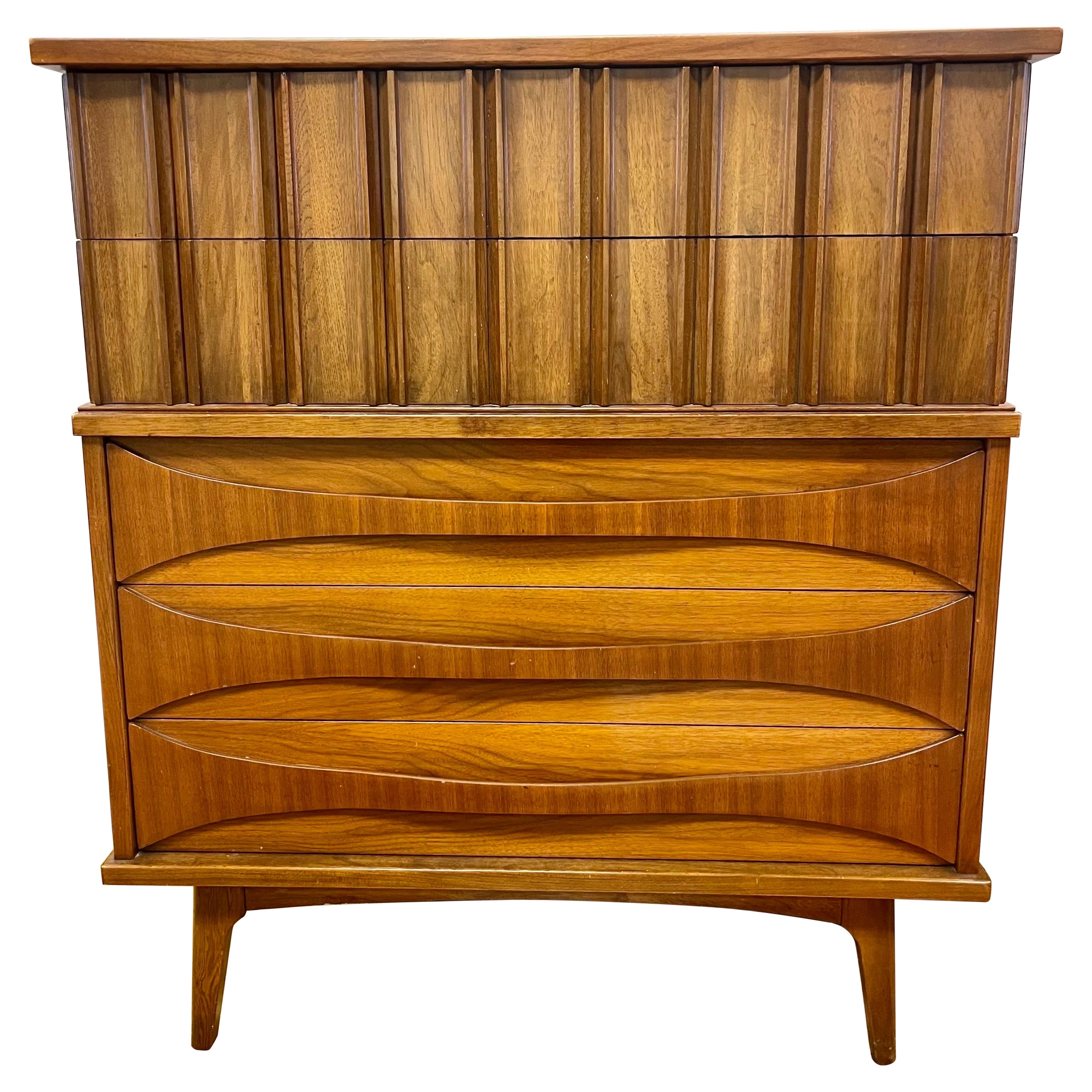 Brutalist United Furniture Dresser Highboy Commode Chest of Drawers Mid-Century
