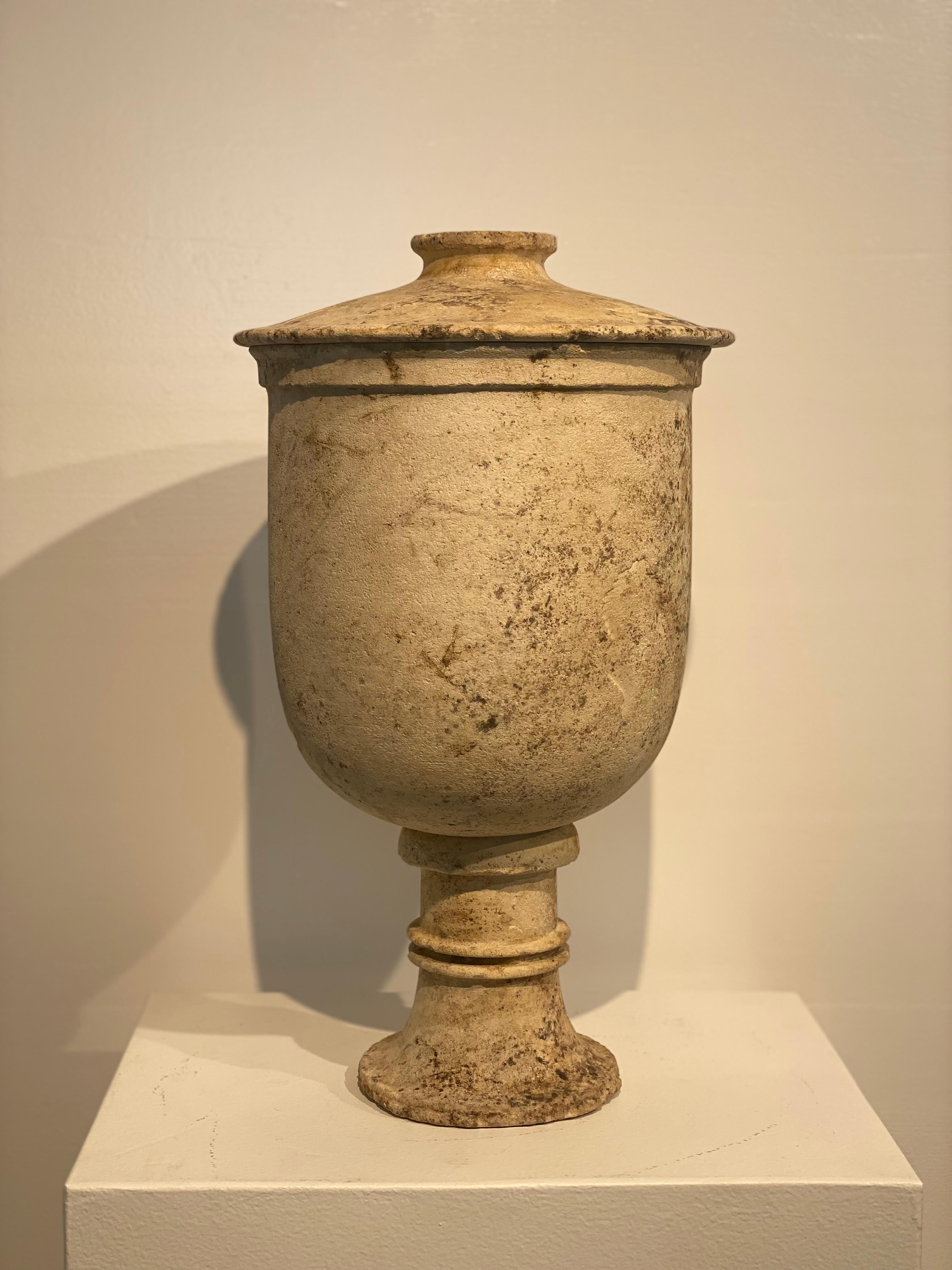 A Vintage Urn with lid in a Beige Limestone,
Greece from around 1960,
great patina and color of the stone,
very decorative and powerful object