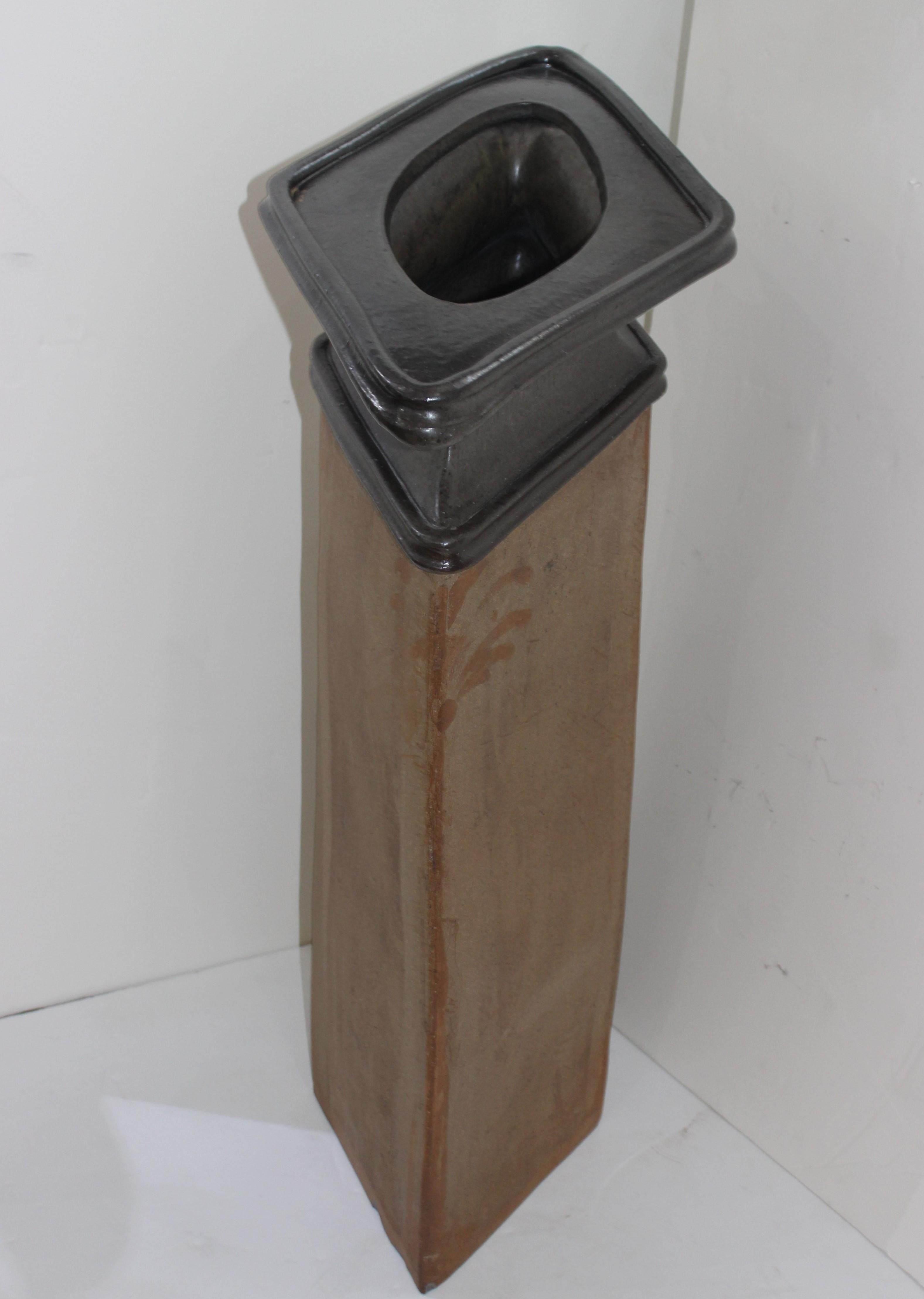 Brutalist Vase Form Glazed Pottery Sculpture For Sale 7