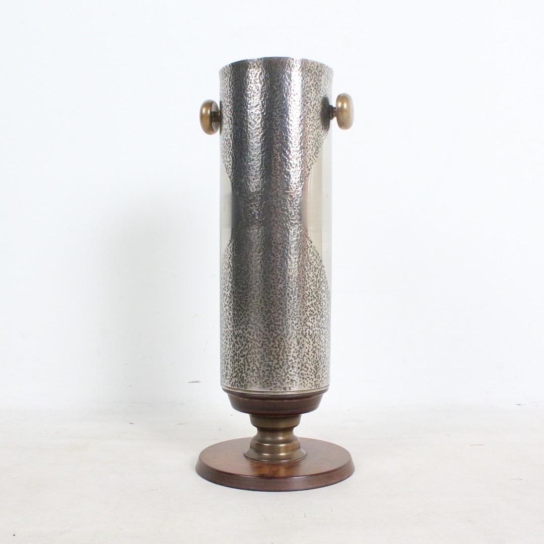 Brutalist Vase in Stainless Steel, Teak and Brass, Germany 1960 In Good Condition For Sale In Basel, BS
