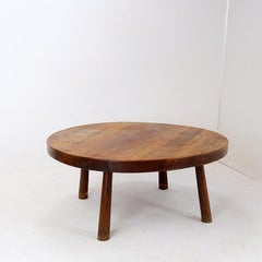 Brutalist vintage massive oak wood round coffee table