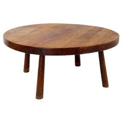 Brutalist vintage massive oak wood round coffee table
