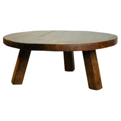 Brutalist vintage massive oakwood round coffee table, 1960s