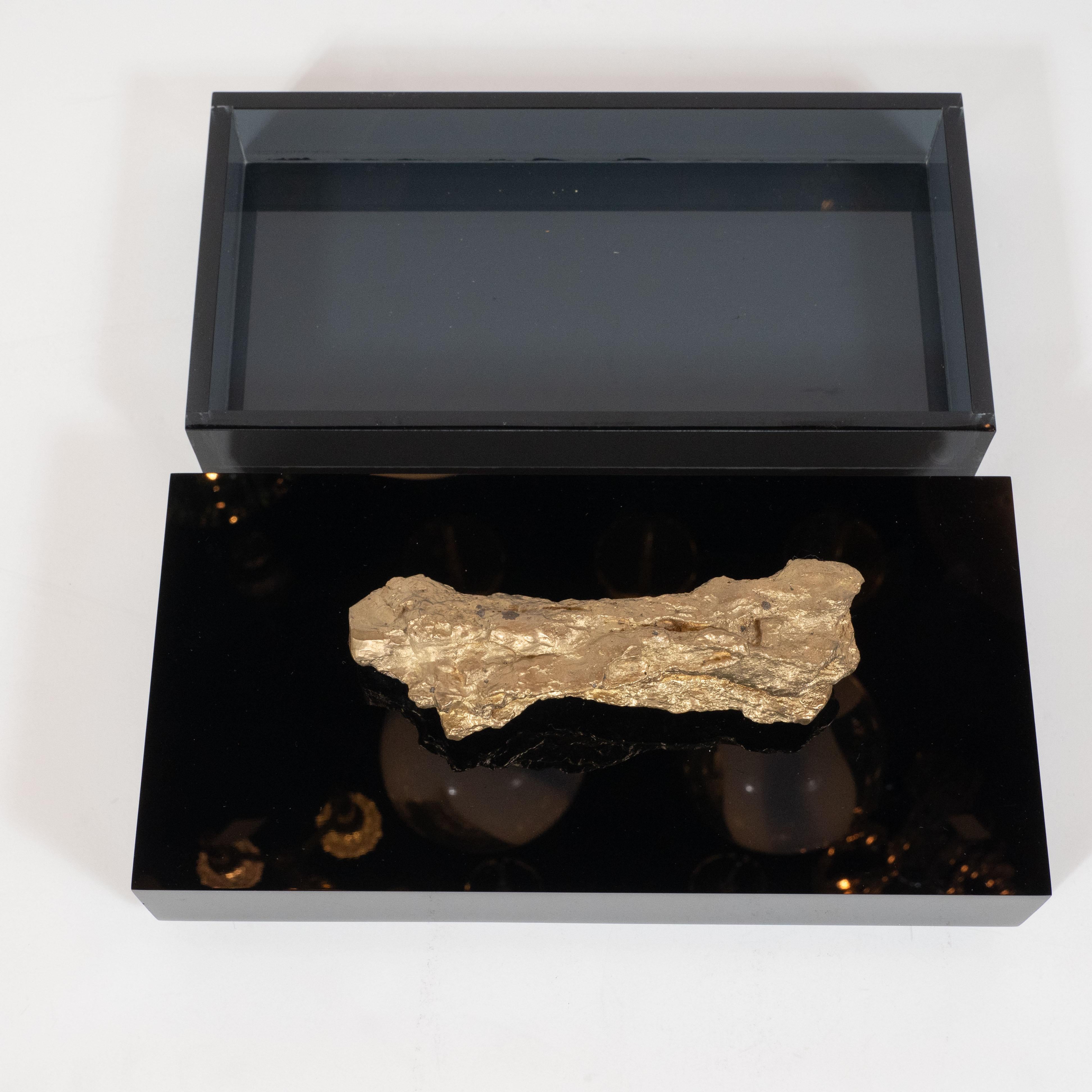 Brutalist Volumetric Black Lucite Box with Organic Gilded Metal Handle In Excellent Condition In New York, NY