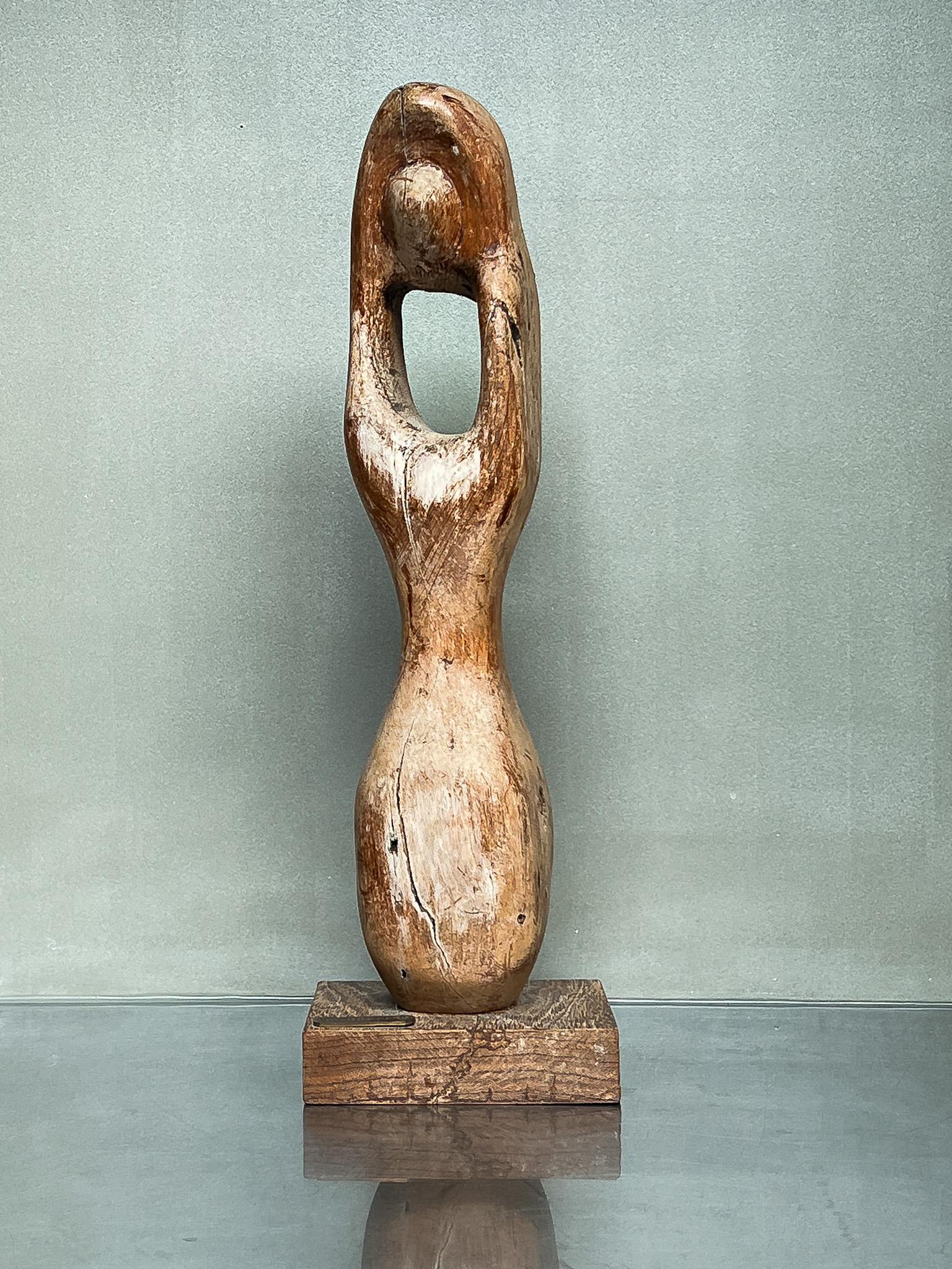 An amorphous and free form sculpture by an unknown artist. Carved from one piece of natural wood with a sculptural and sensual shape. Powerful Brutalist sculpture with an interesting contrast between open and closed. Carved out of a solid piece of