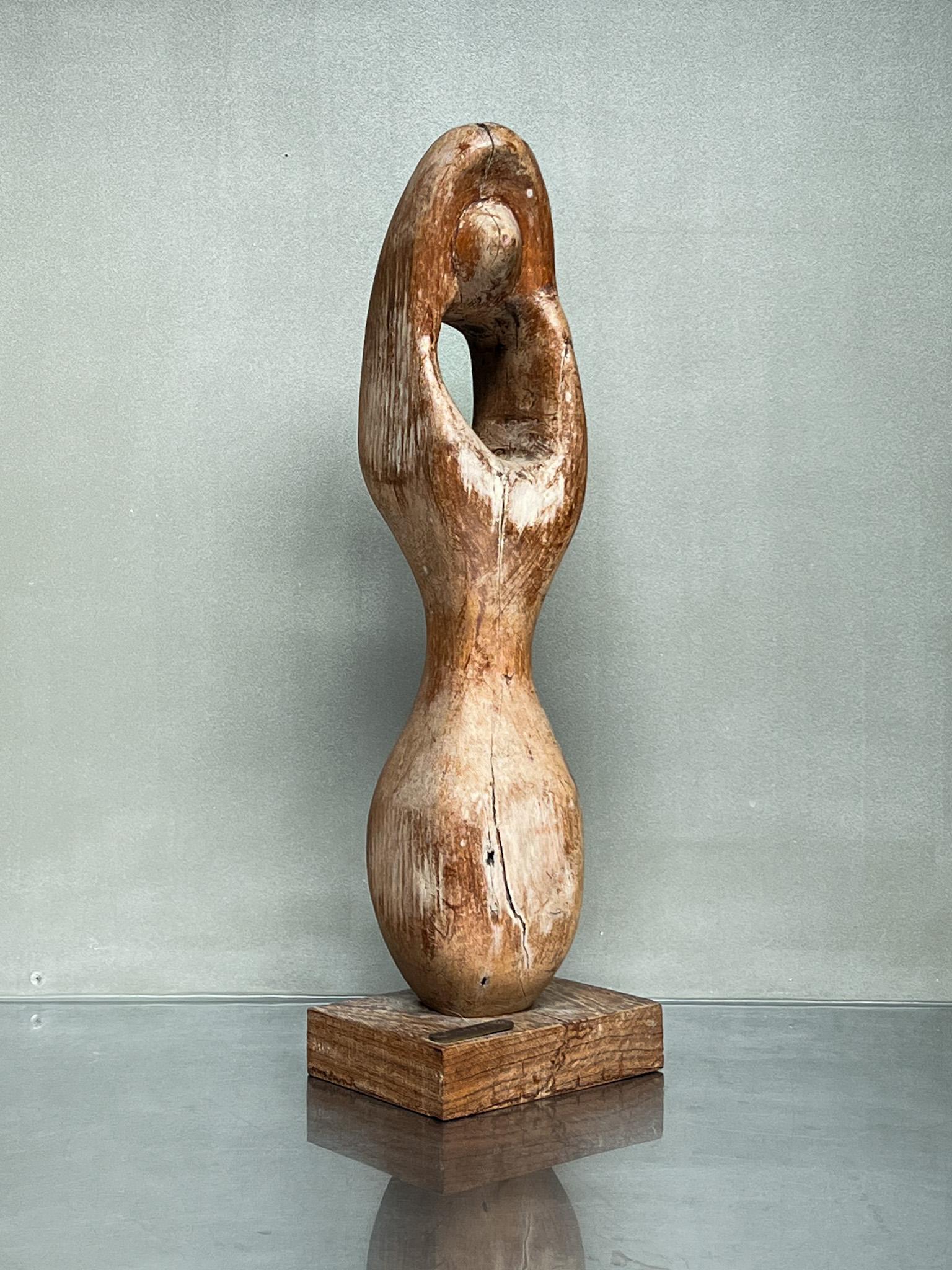 Belgian Brutalist / Wabi Sabi Midcentury Hand Carved Wood Figure Sculpture, 1970s For Sale