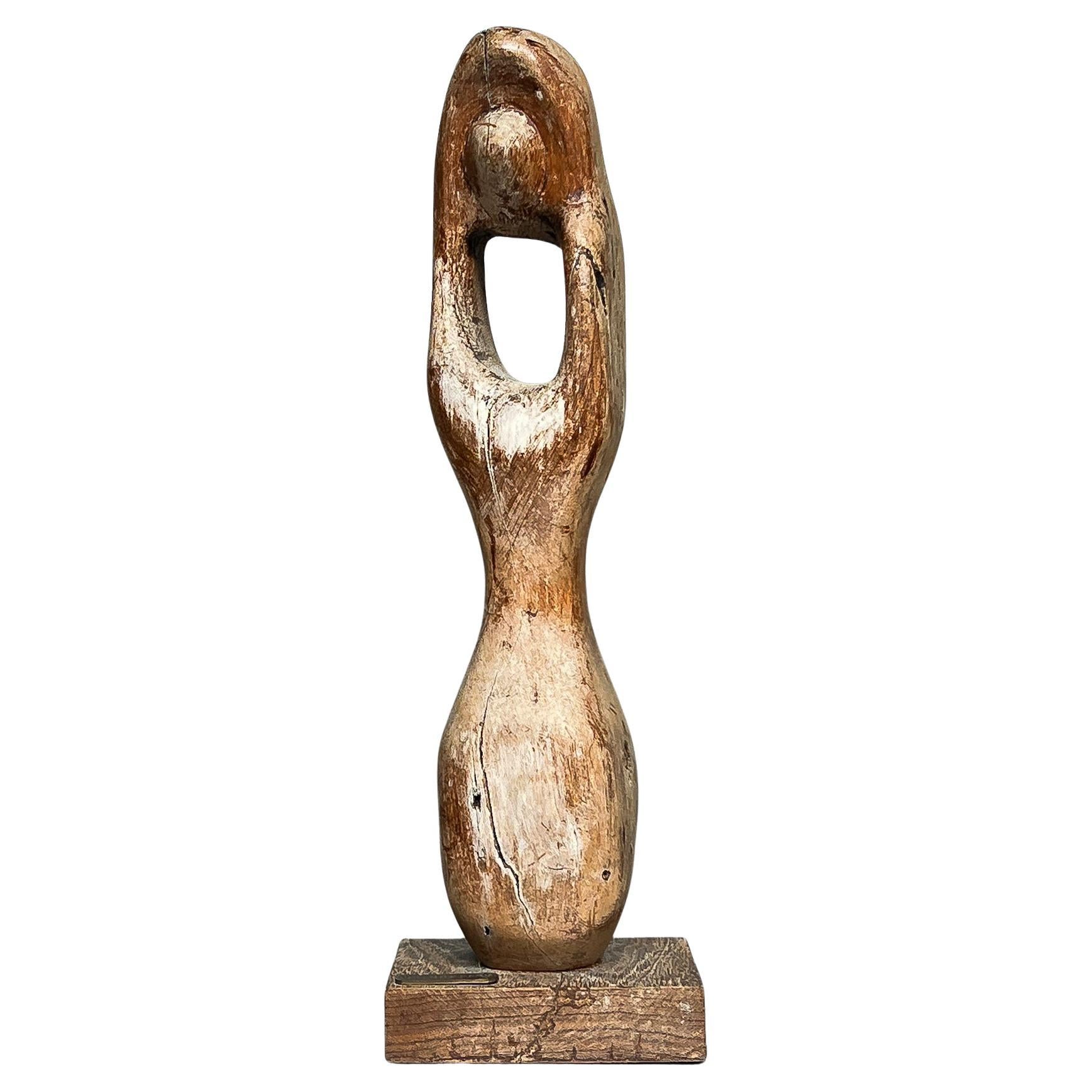 Brutalist / Wabi Sabi Midcentury Hand Carved Wood Figure Sculpture, 1970s For Sale