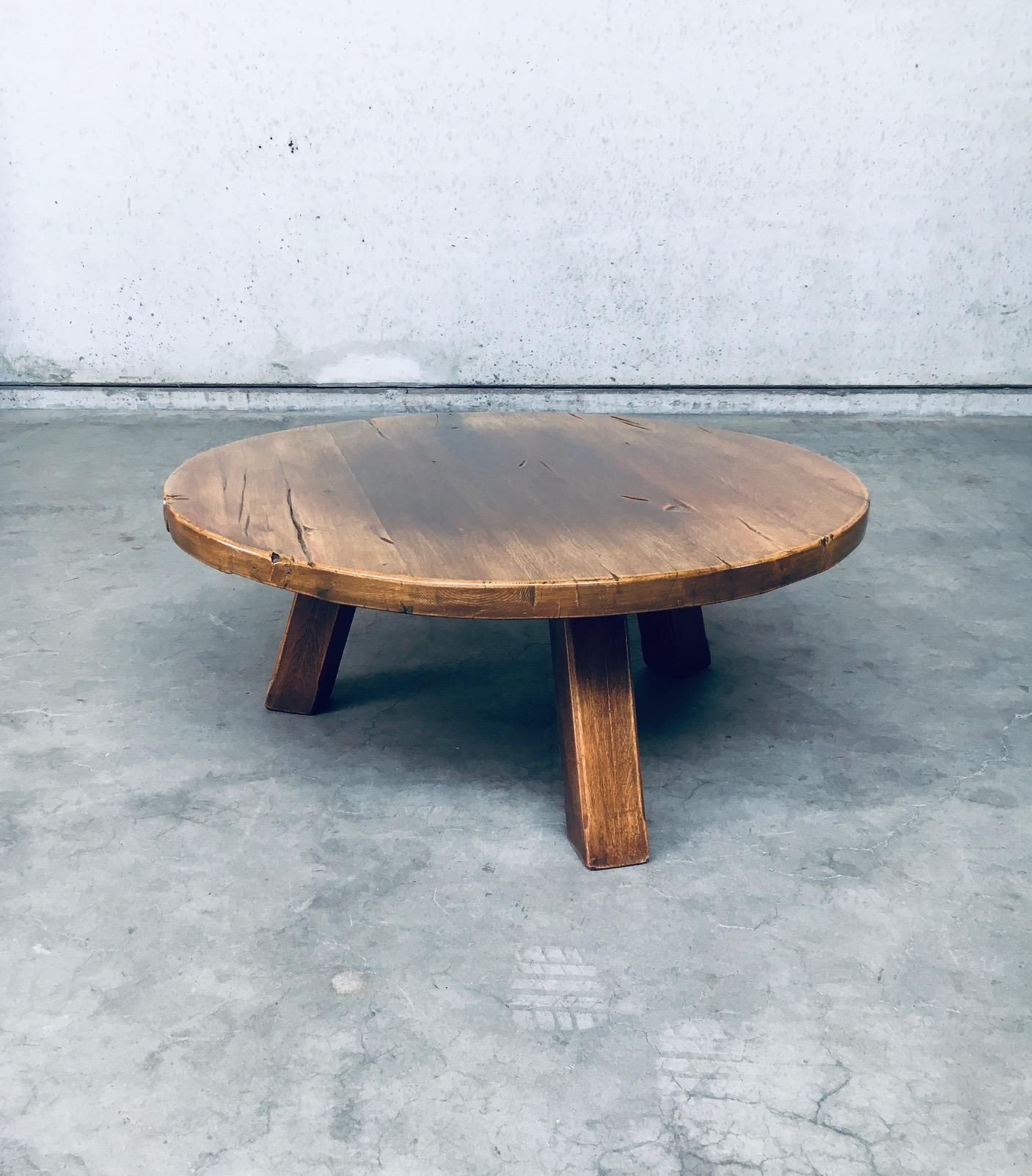 Vintage Midcentury Brutalist Design Wabi Sabi Style Oak Coffee Table. Made in France, 1960's. Round solid oak top on solid oak tripod legs. Comes in good condition with minor wear from it's age and use. Measures 44.5cm x 109cm x 109cm.