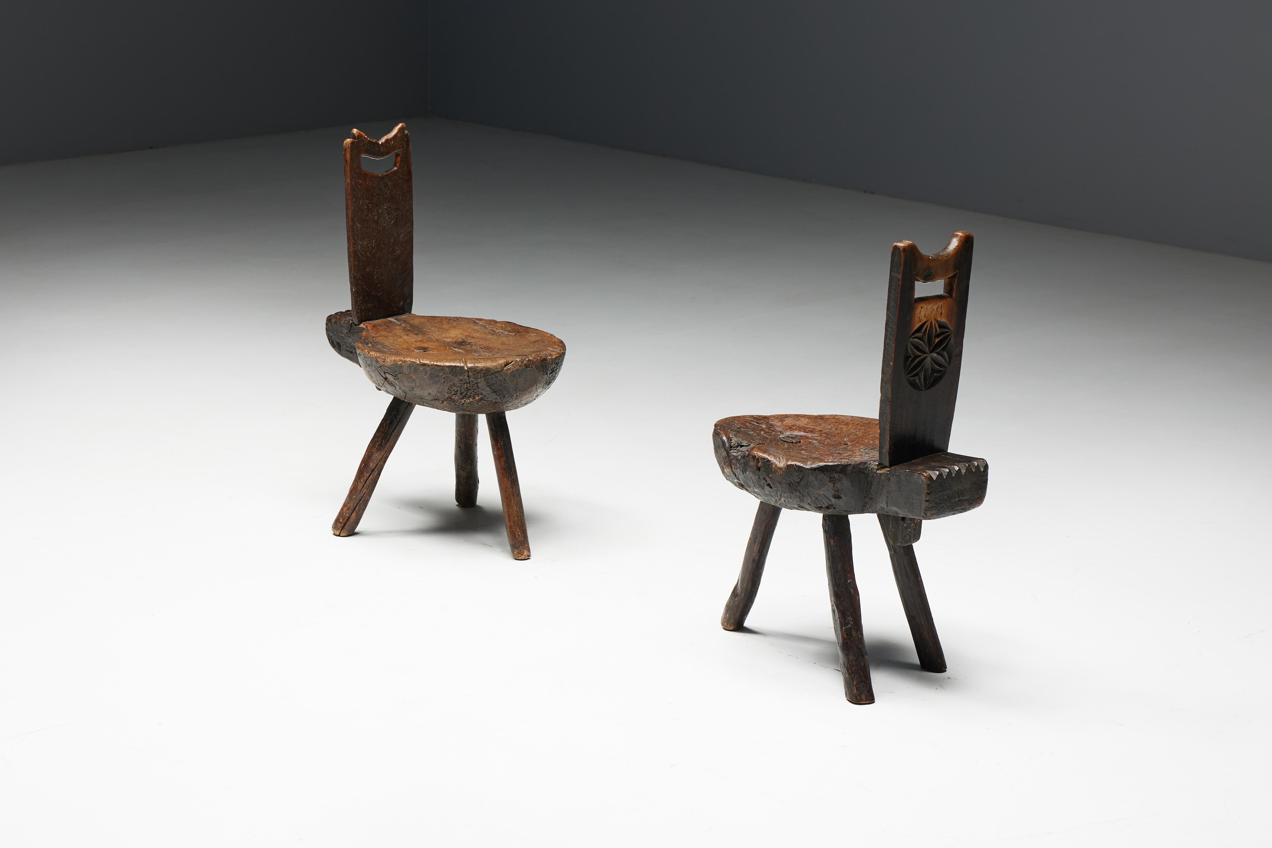 French Brutalist Wabi Sabi Tripod Alpine Chairs, France, 19th Century For Sale
