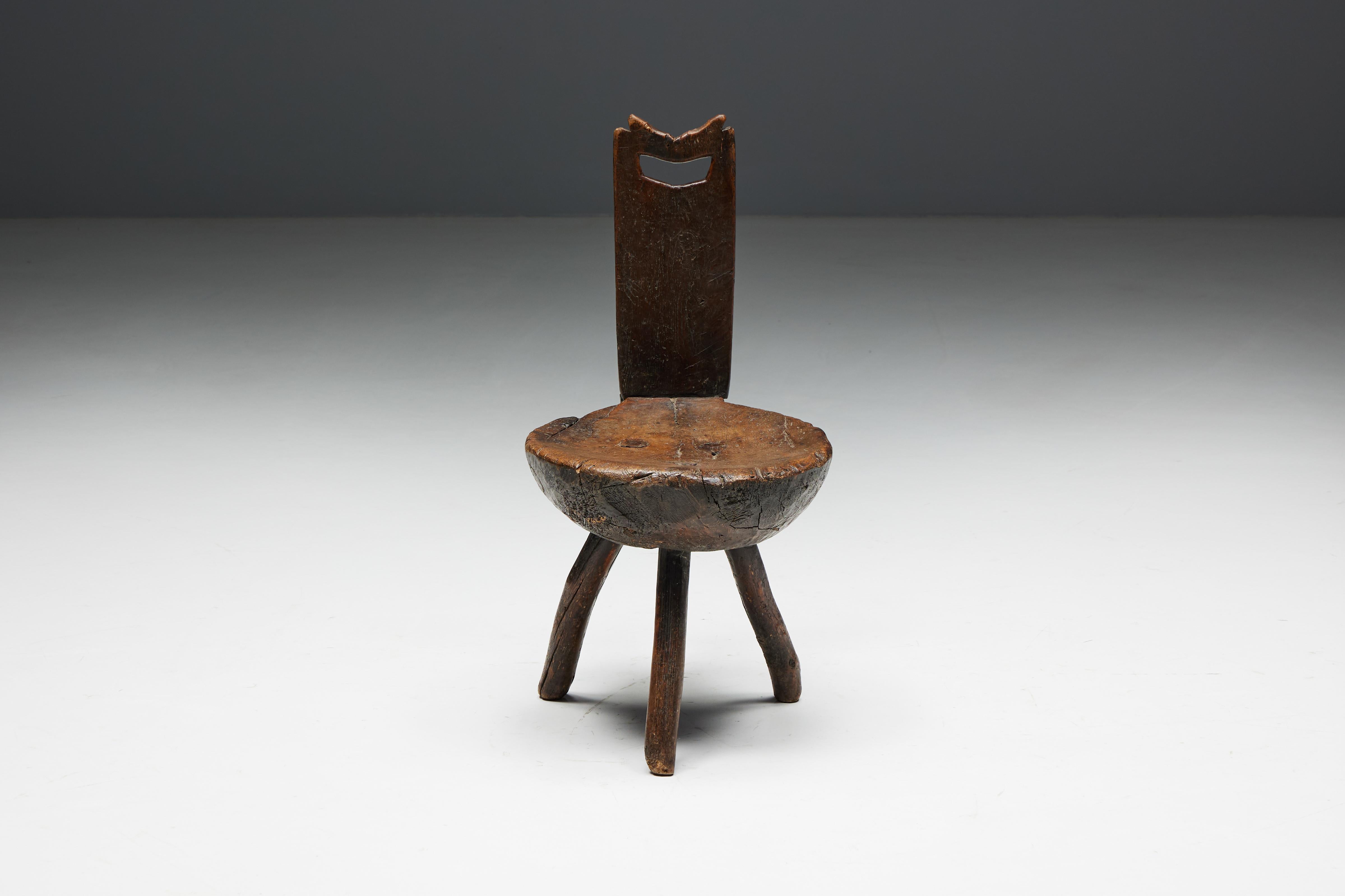 Wood Brutalist Wabi Sabi Tripod Alpine Chairs, France, 19th Century For Sale