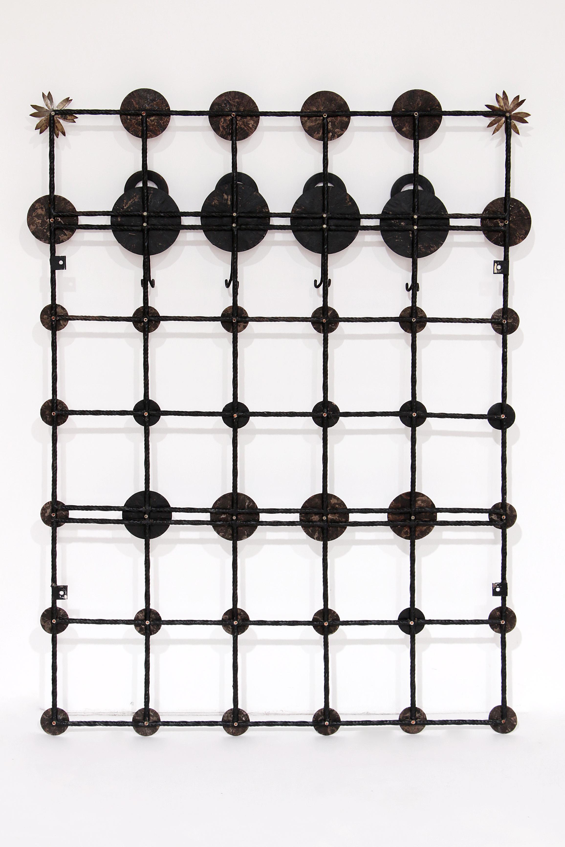 Brutalist wall coat rack with 12 hooks made of metal, 1970 8