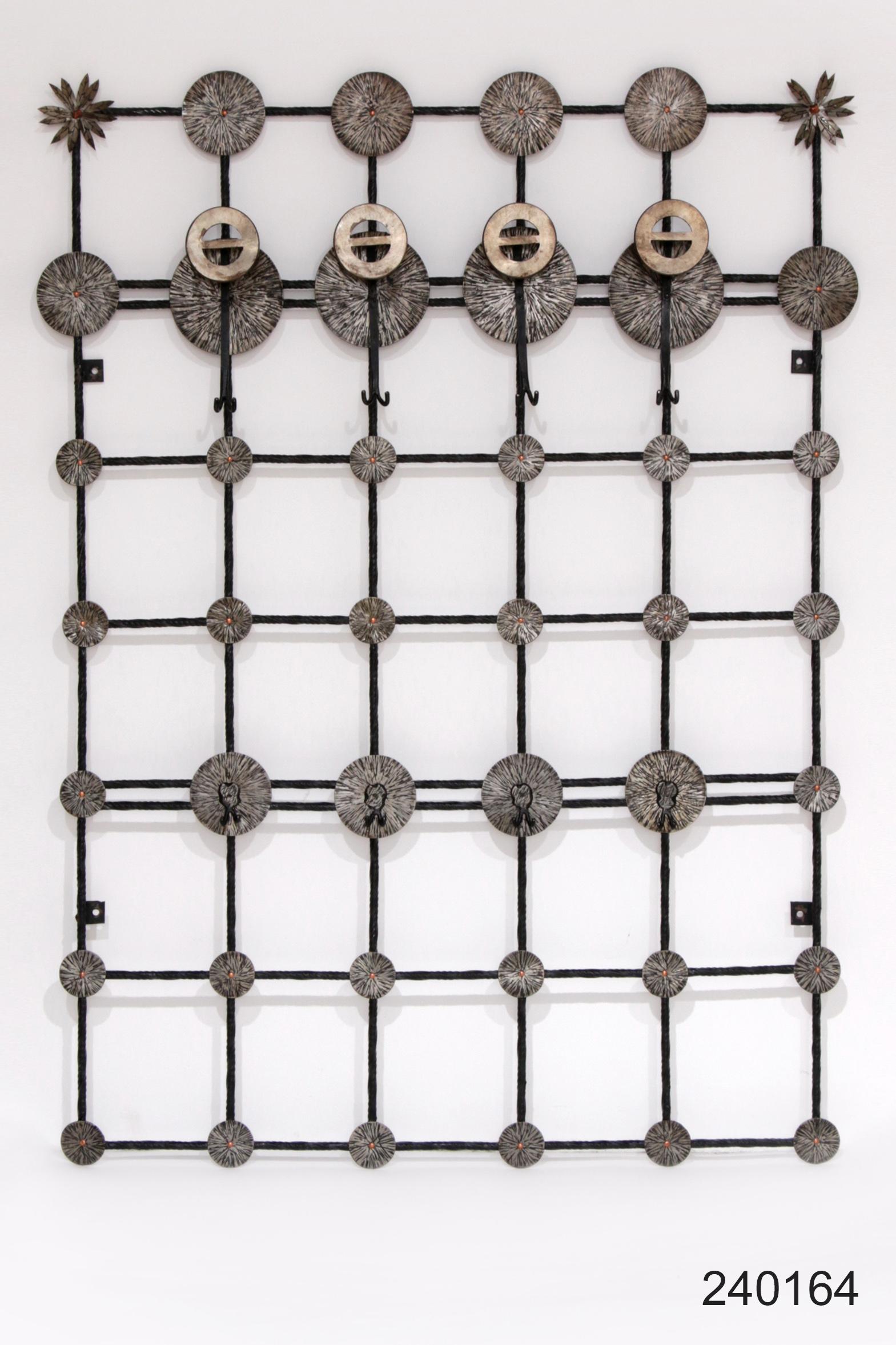 Brutalist wall coat rack with 12 hooks made of metal, 1970 12