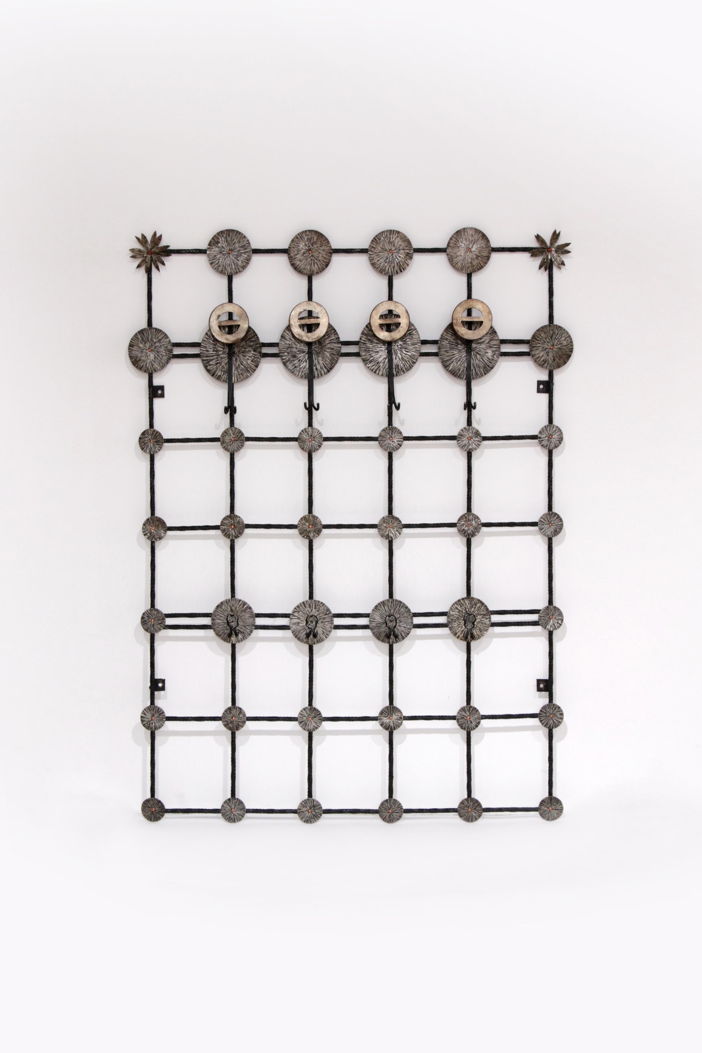 German Brutalist wall coat rack with 12 hooks made of metal, 1970