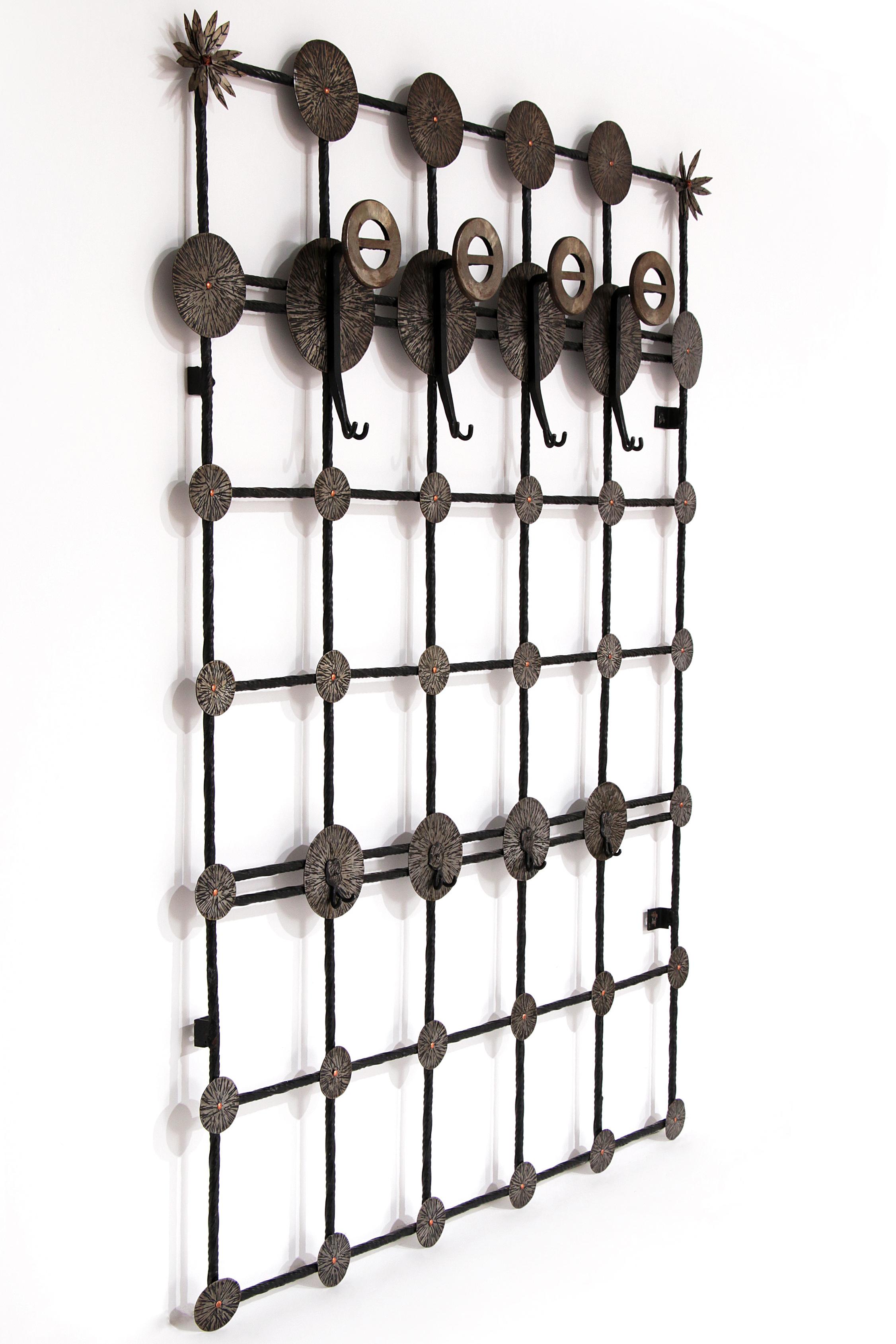 Brutalist wall coat rack with 12 hooks made of metal, 1970 In Excellent Condition In Oirlo, LI
