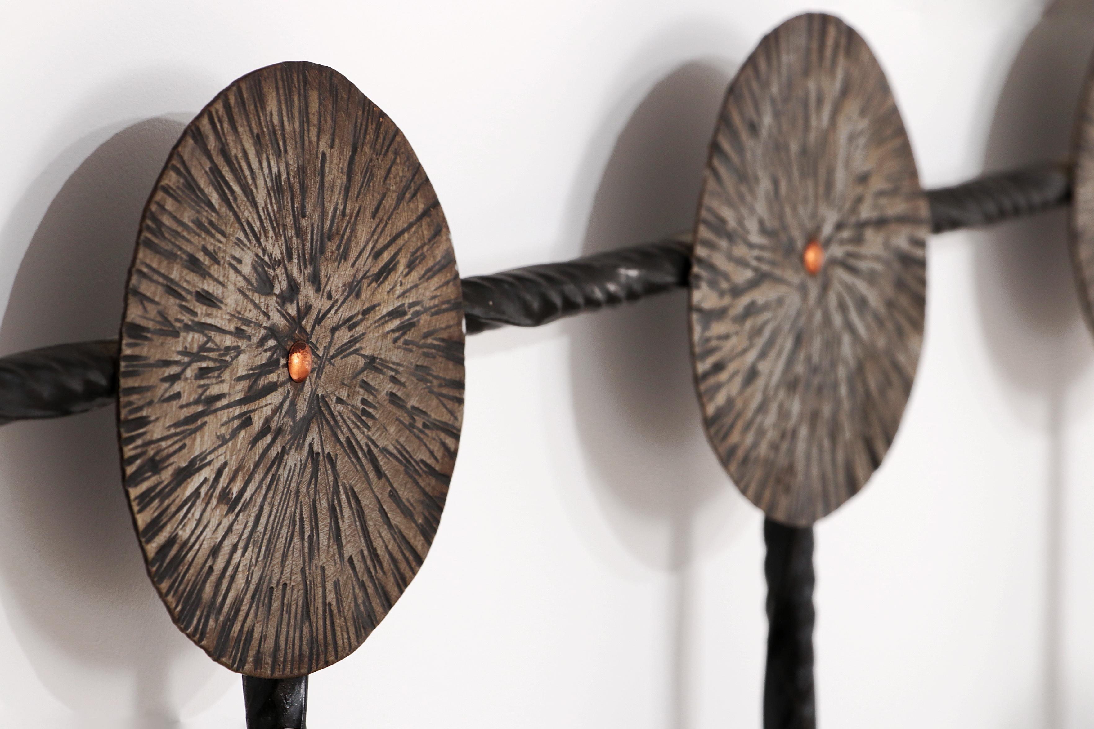 Metal Brutalist wall coat rack with 12 hooks made of metal, 1970