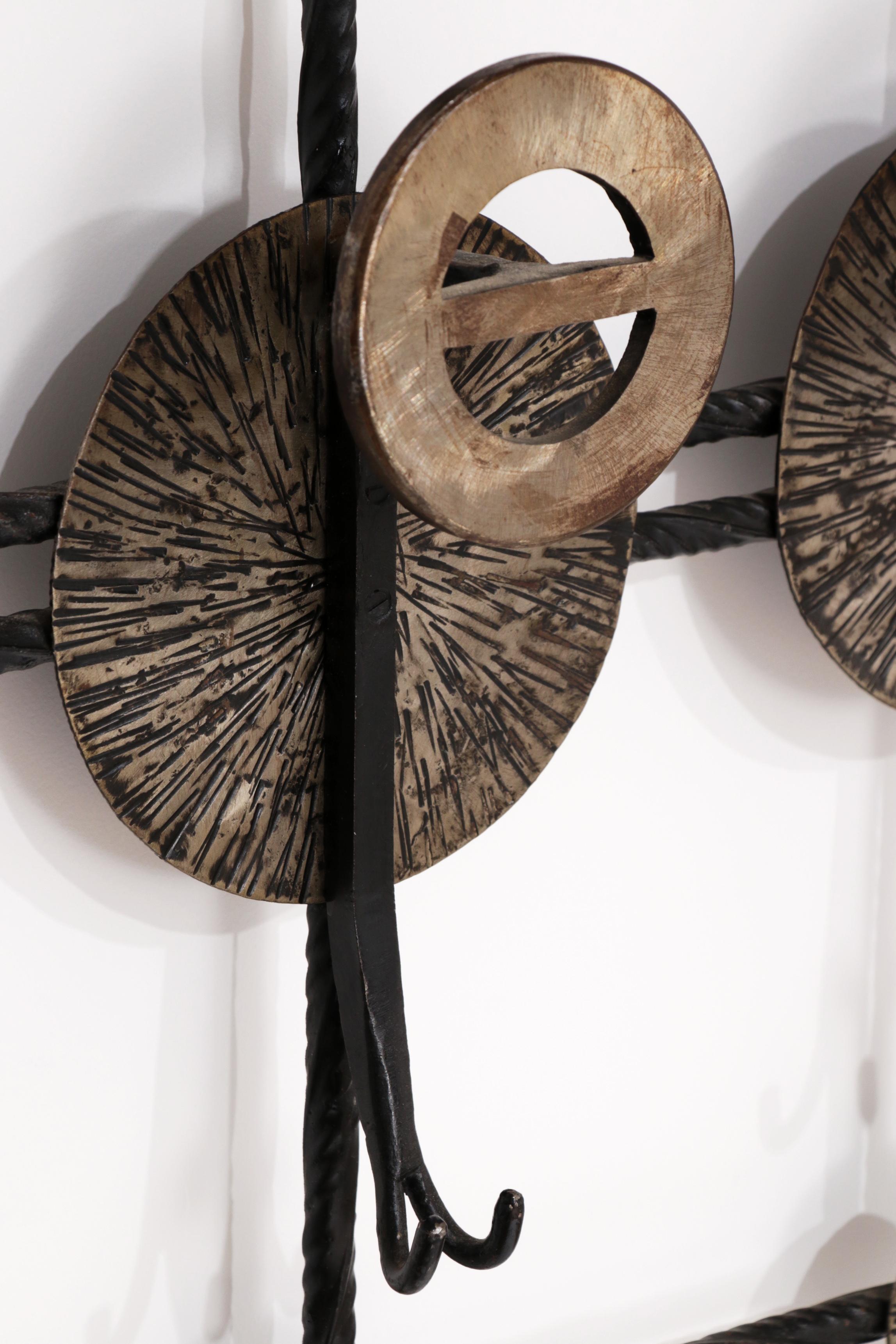 Brutalist wall coat rack with 12 hooks made of metal, 1970 1