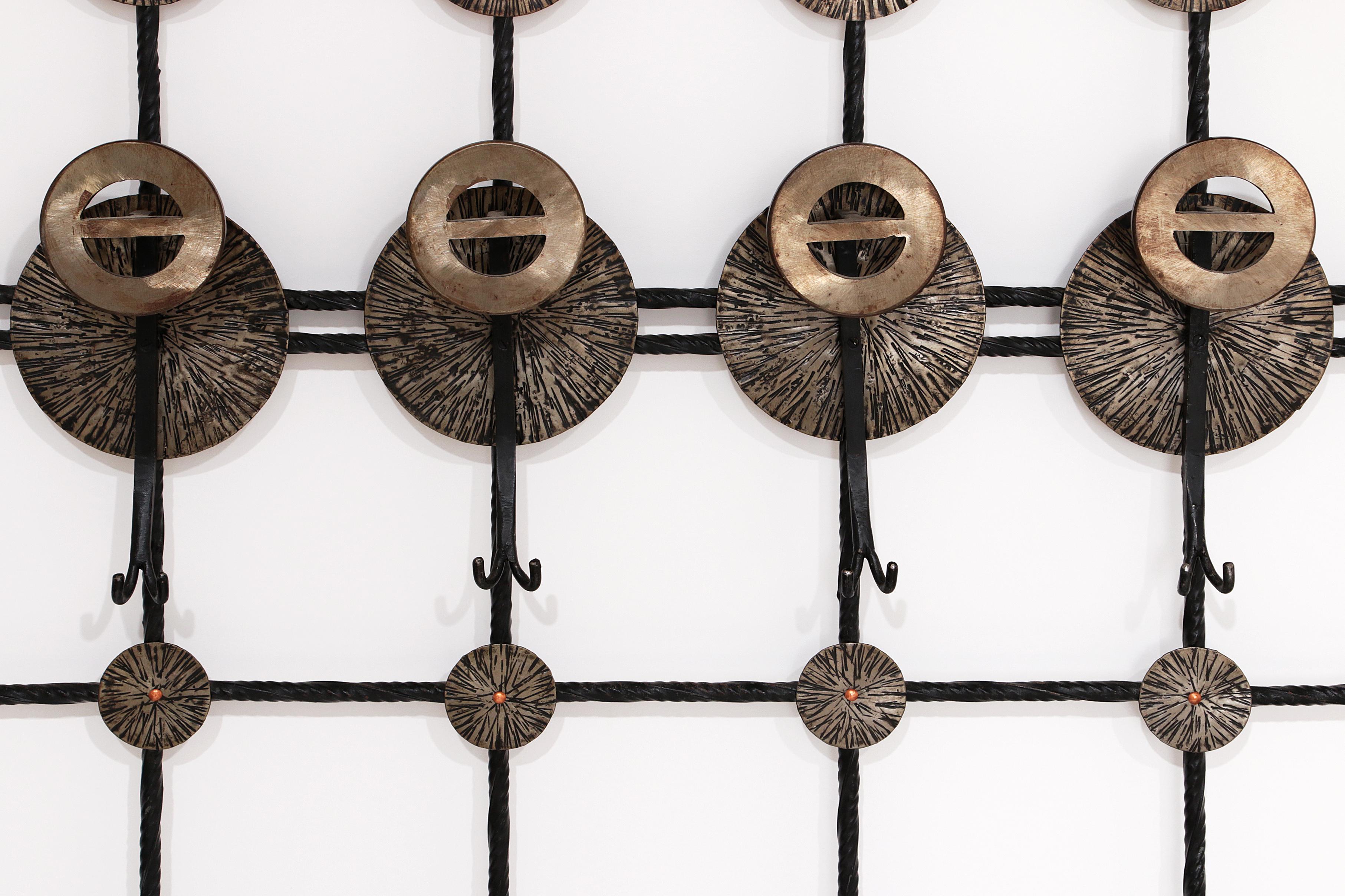 Brutalist wall coat rack with 12 hooks made of metal, 1970 2