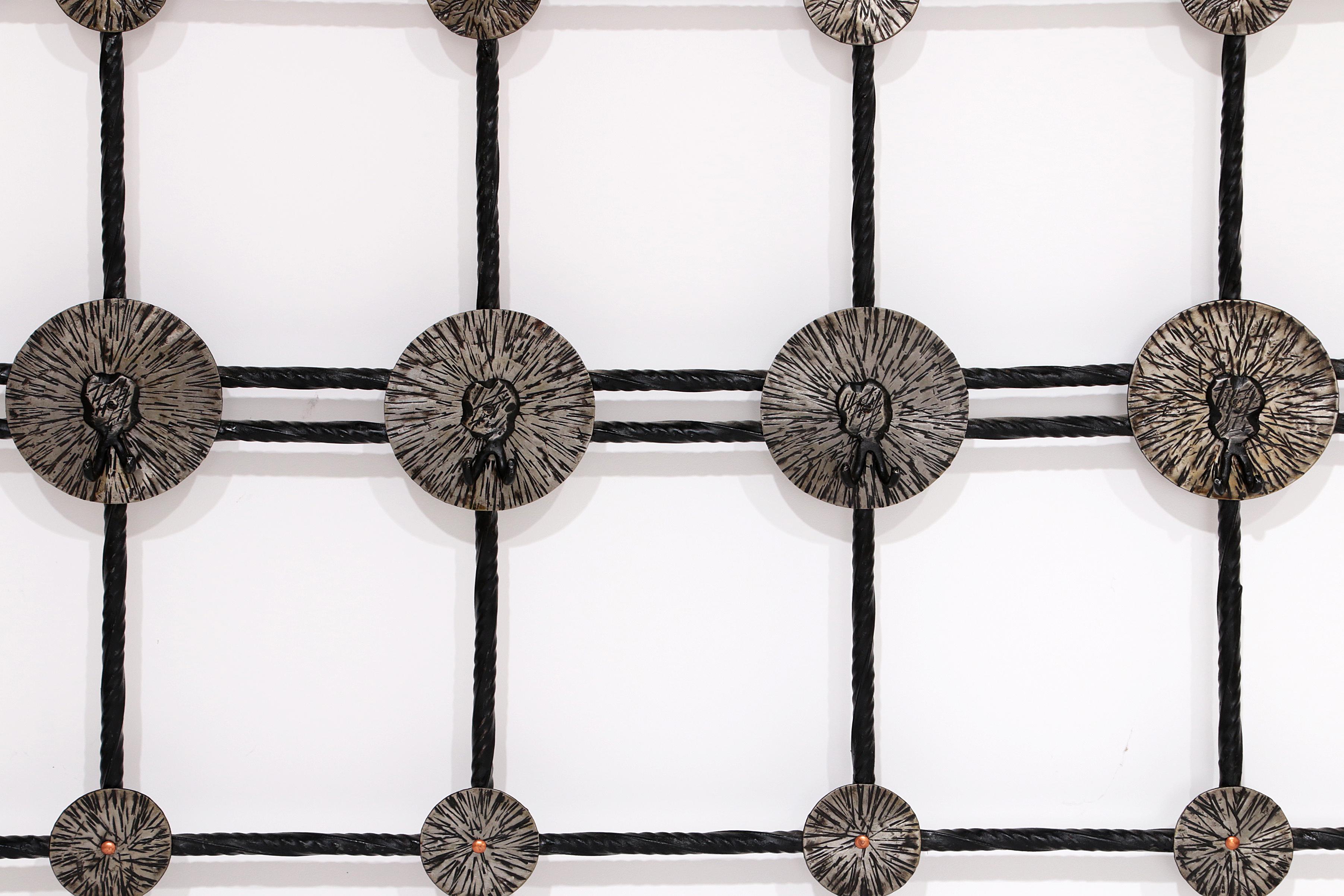 Brutalist wall coat rack with 12 hooks made of metal, 1970 3