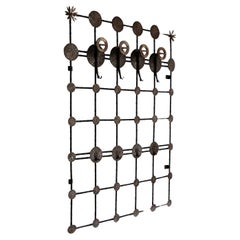 Brutalist wall coat rack with 12 hooks made of metal, 1970