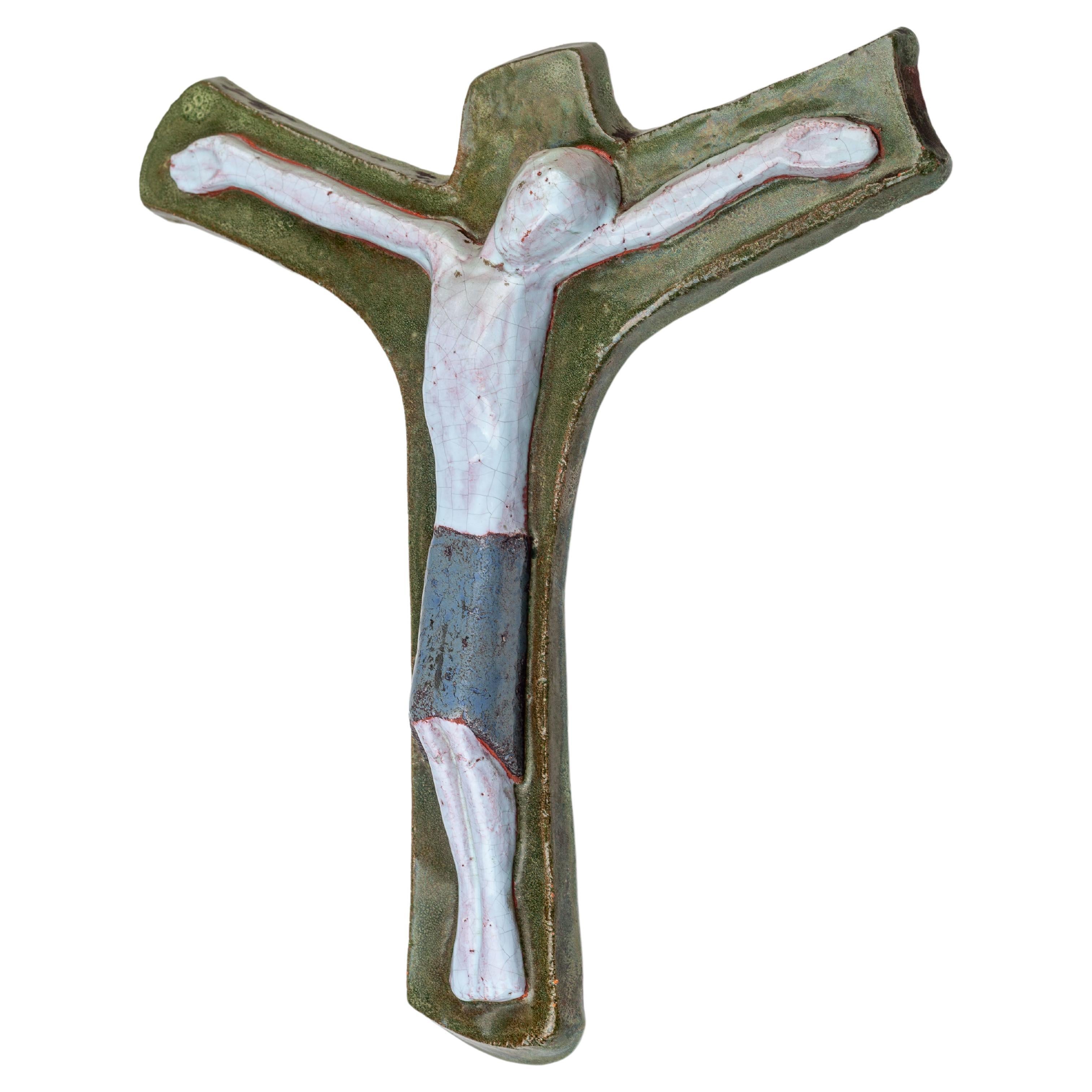 Brutalist Wall Cross - Blue & Khaki - Modernist Studio Pottery, Hand Made Europe