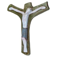 Vintage Brutalist Wall Cross - Blue & Khaki - Modernist Studio Pottery, Hand Made Europe