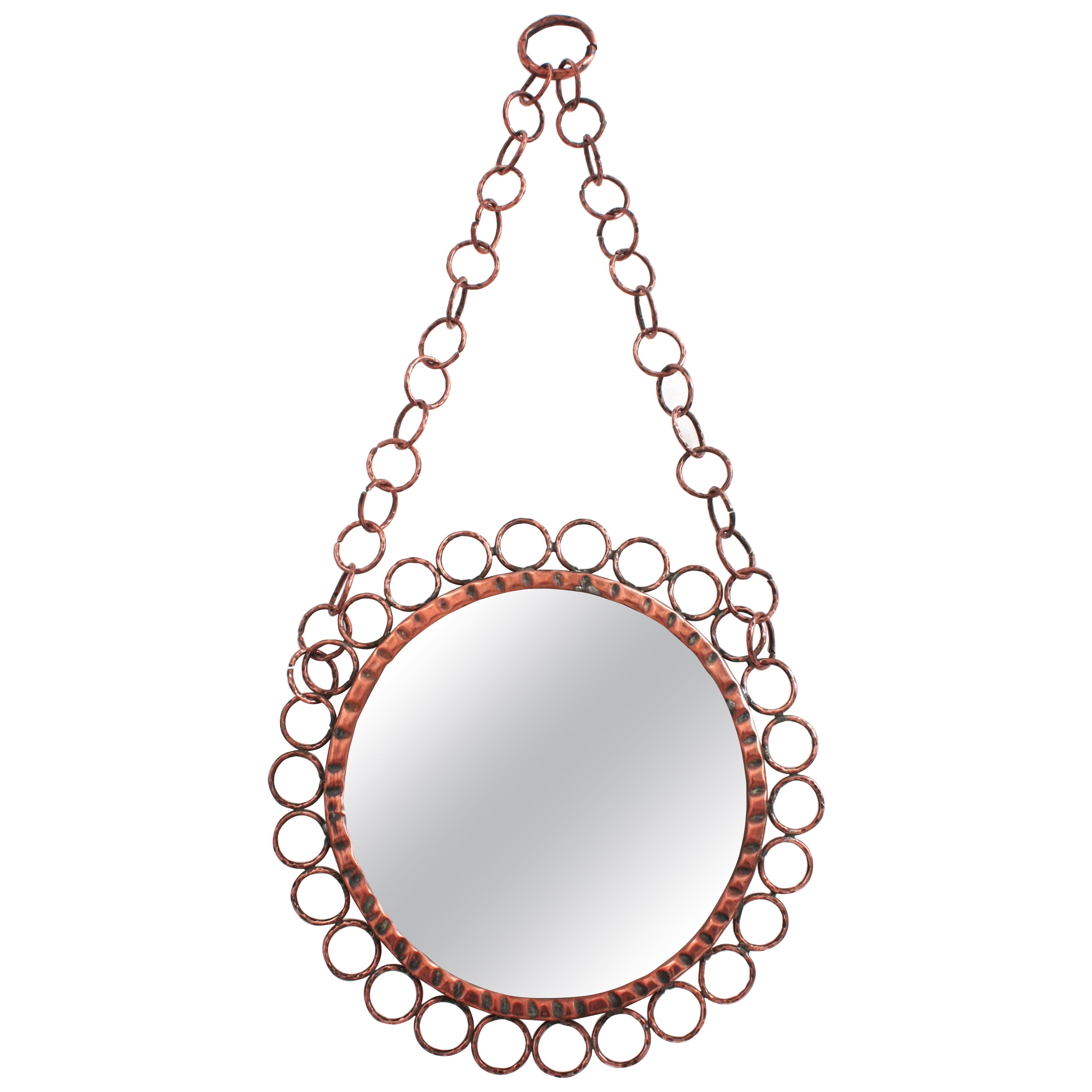 Brutalist Wall Hanging Mirror with Rings Frame in Wrought Copper, Italy 1950s