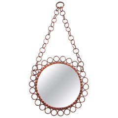 Brutalist Wall Hanging Mirror with Rings Frame in Wrought Copper, Italy 1950s