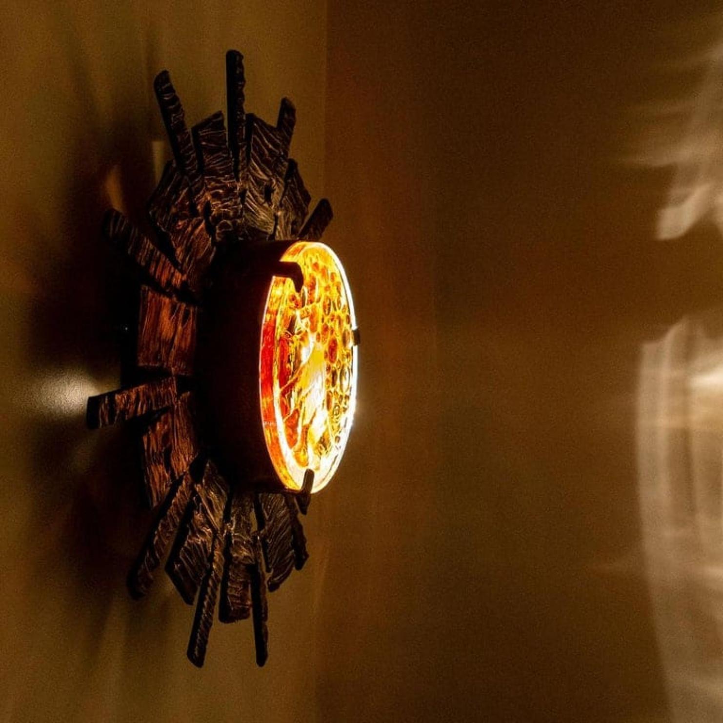 Large wall or ceiling light in wrought iron and curved granite Murano glass. Attributed to Tom Ahlström & Hans Ehrlich, Circa: 1970, Sweden

Size: Depth: 3.9 inches (10 cm), diameter: 15.7 inches (40 cm)

In very good condition and ready to use. The